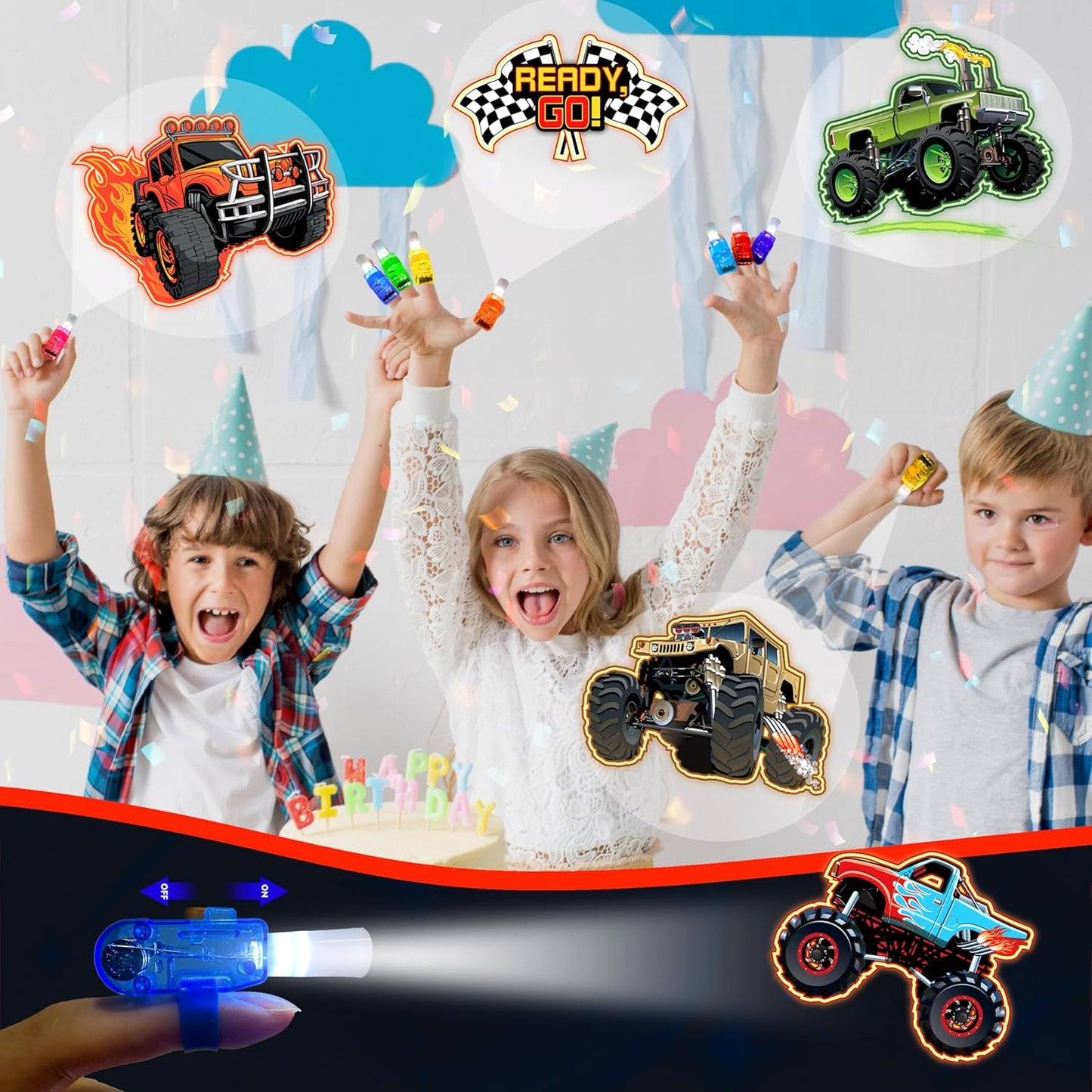 24PCS Monster Truck Party Favors-LED Finger Lights:Glow-in-the-Dark Light-Up Toys Bulk for Kids,Monster Jam Birthday Party Decorations Supplies, Party Goodie Bags, Classroom Prizes, Fun Gifts
