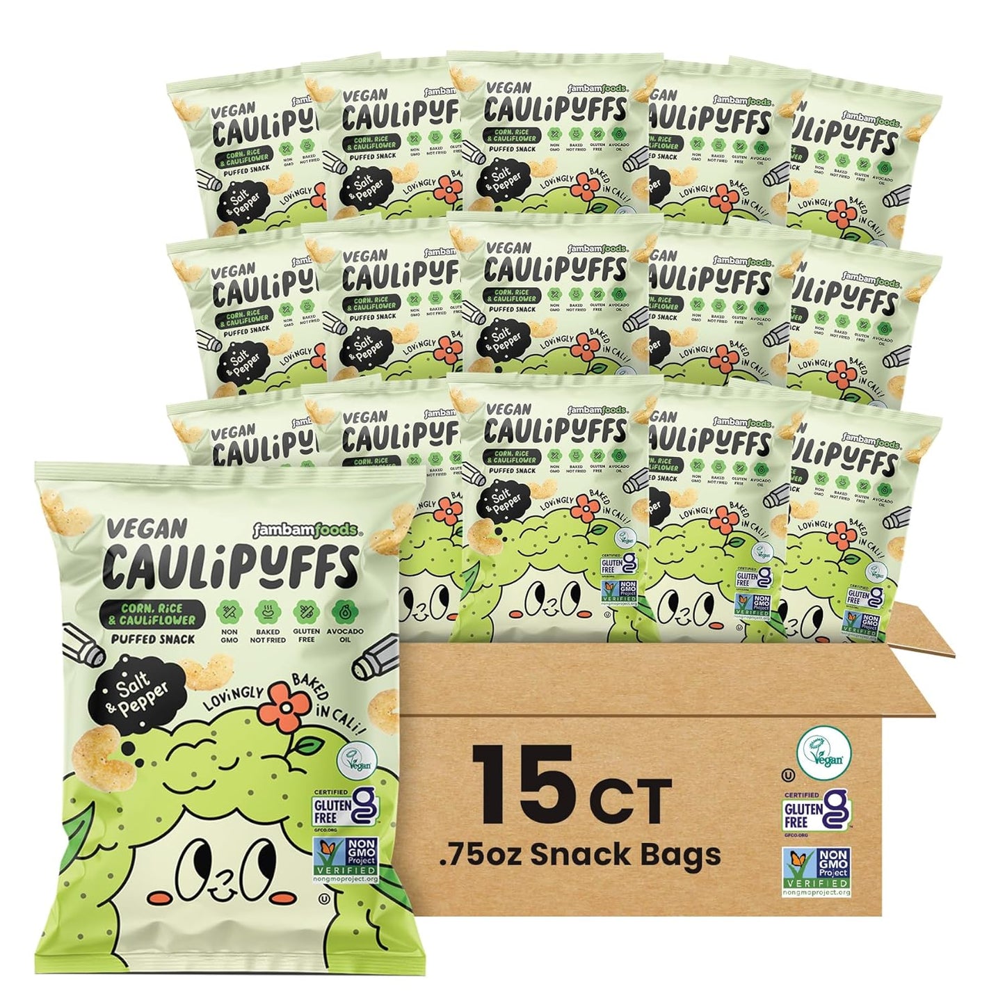 CauliPuffs - Corn, Rice, and Cauliflower Gluten Free Puffed Snack (15 x 0.75oz Bags, Vegan Salt & Pepper)