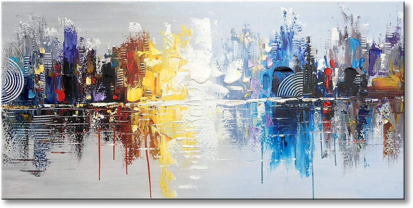 Hand Painted Cityscape Modern Oil Painting on Canvas Reflection Abstract Wall Art Decor (48 x 24 inch)