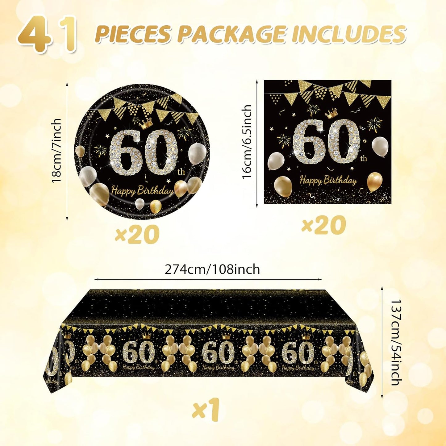 41Pcs 60th Birthday Decorations for Men Women, Black Gold 60 Year Old Birthday Party Supplies Include 20 Plates 20 Napkins and 1 Tablecloth, Black Gold 60 Aged Birth Party Tableware