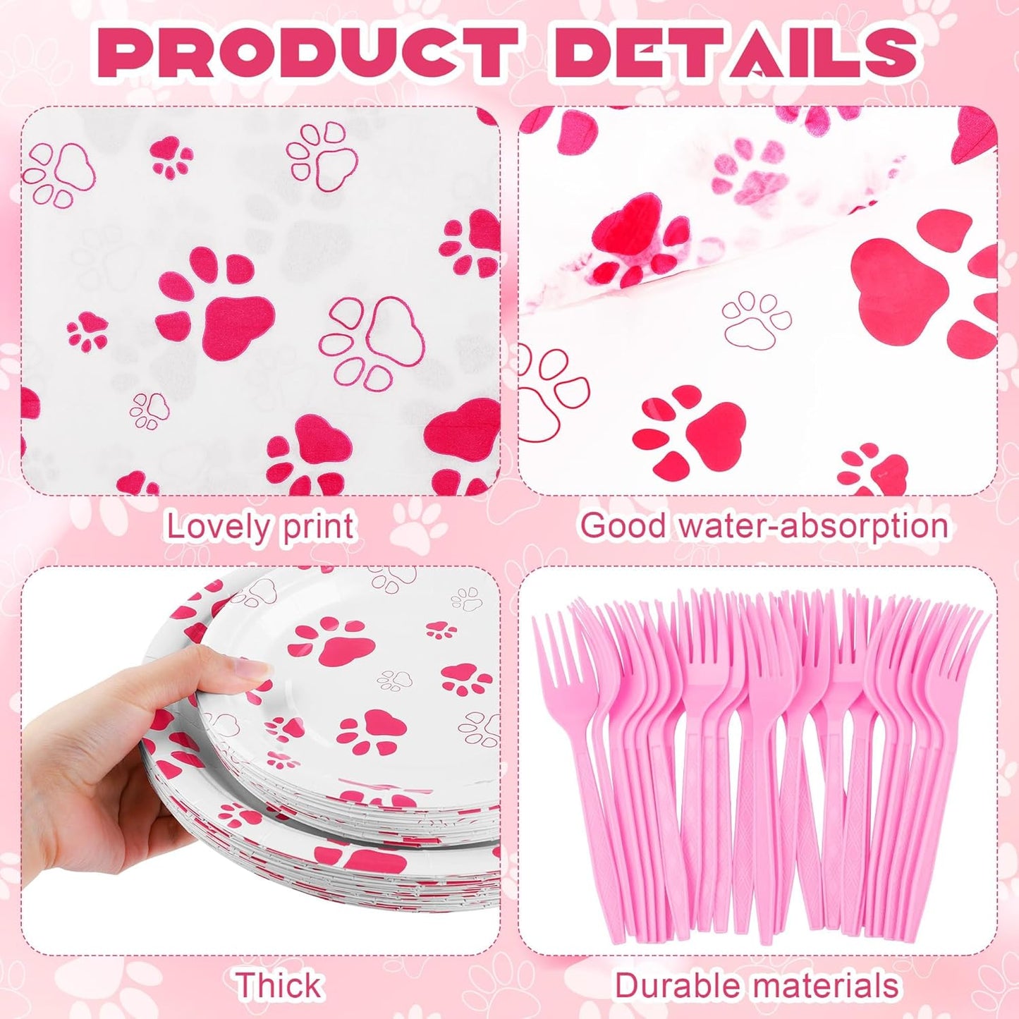 144 Pieces Pink Paw Print Party Tableware Sets Including Disposable Plates Napkins Cups Forks Serves 24 for Dog Puppy Theme Party Supplies