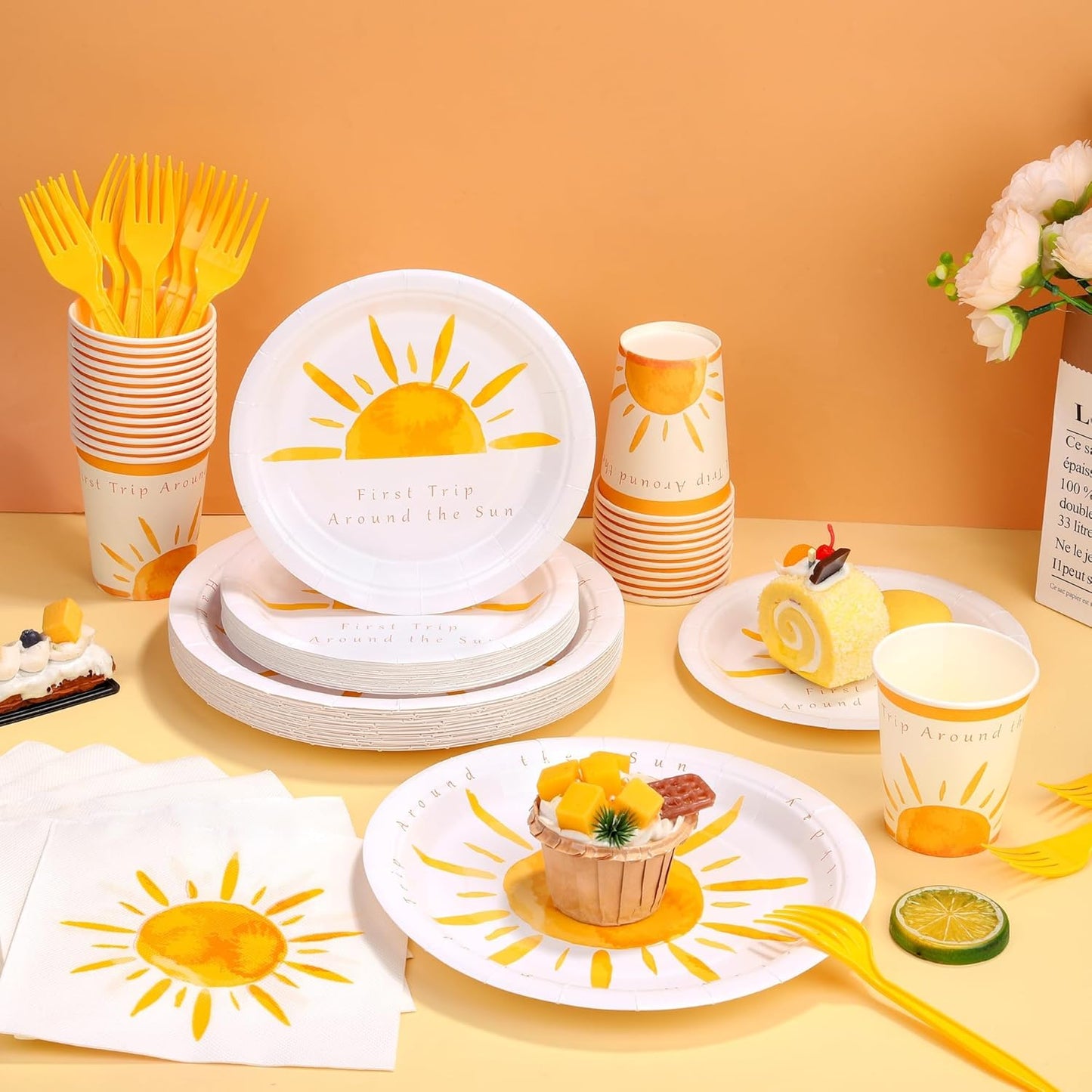 144 Pieces Boho Sun Birthday Party Decorations Tableware Sets Including Disposable Bohemia Sunshine Plates Napkins Cups Forks Serves 24 for Sun Baby Shower Party Supplies
