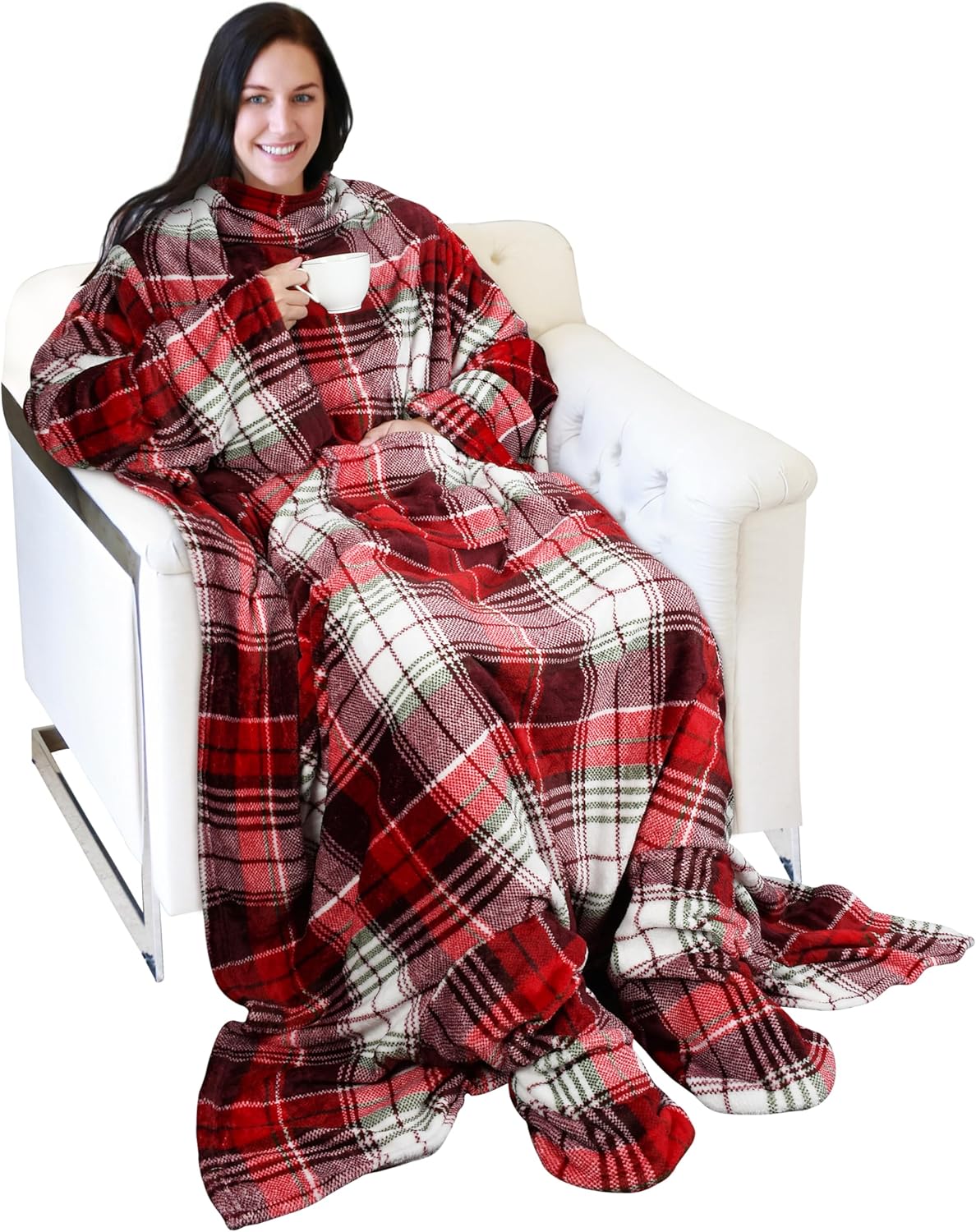 Catalonia Wearable Fleece Blanket with Sleeves and Foot Pockets for Adult Women Men, Micro Plush Comfy Wrap Sleeved Throw Blanket Robe Large, Red Plaid