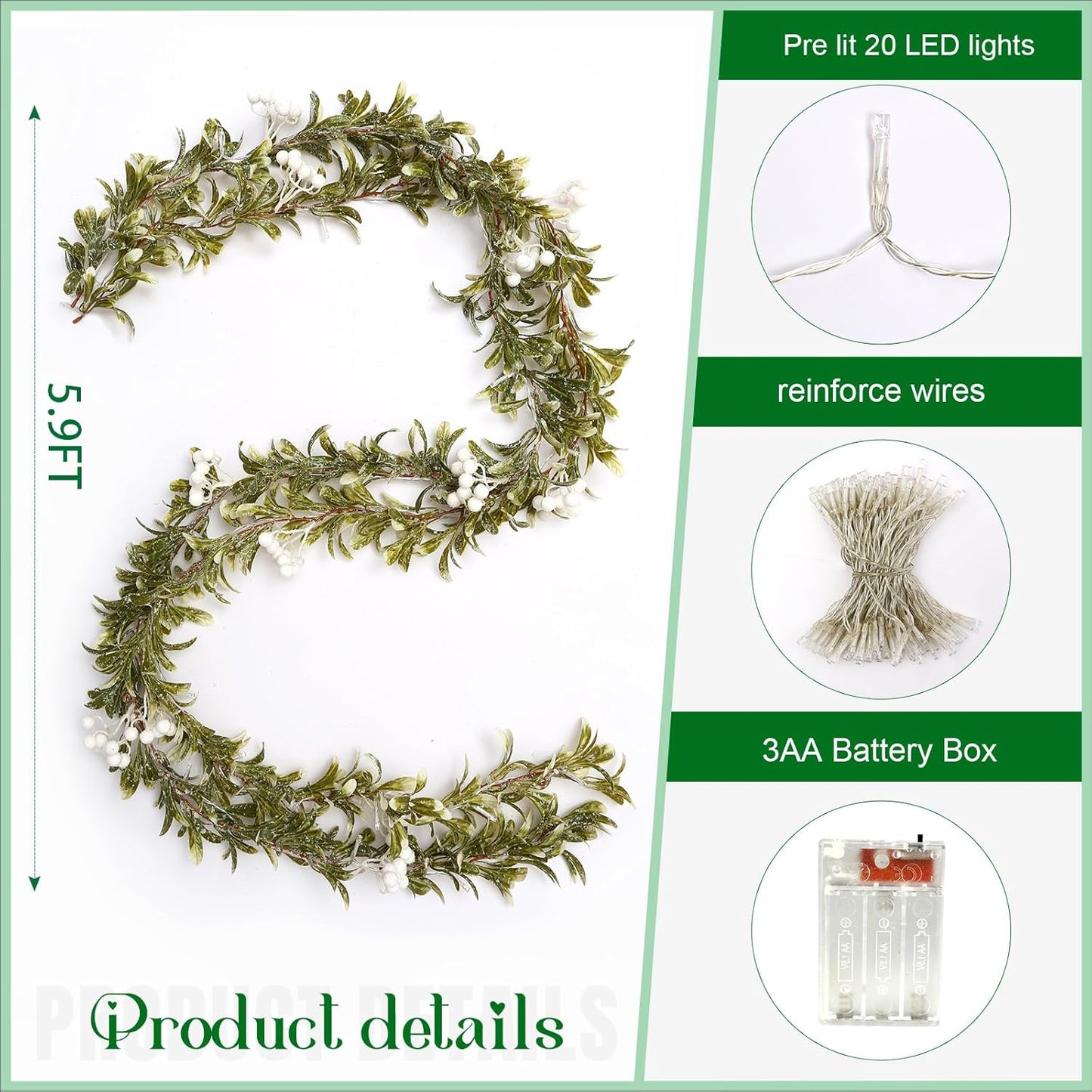 Joyhalo Christmas Garland with Lights Battery Operated - 5.9ft 20 LED White Berry Lighted Christmas Garland, Christmas Decorations Prelit Garland Indoor Outdoor Fireplace Stairs Railing Mantle Decor
