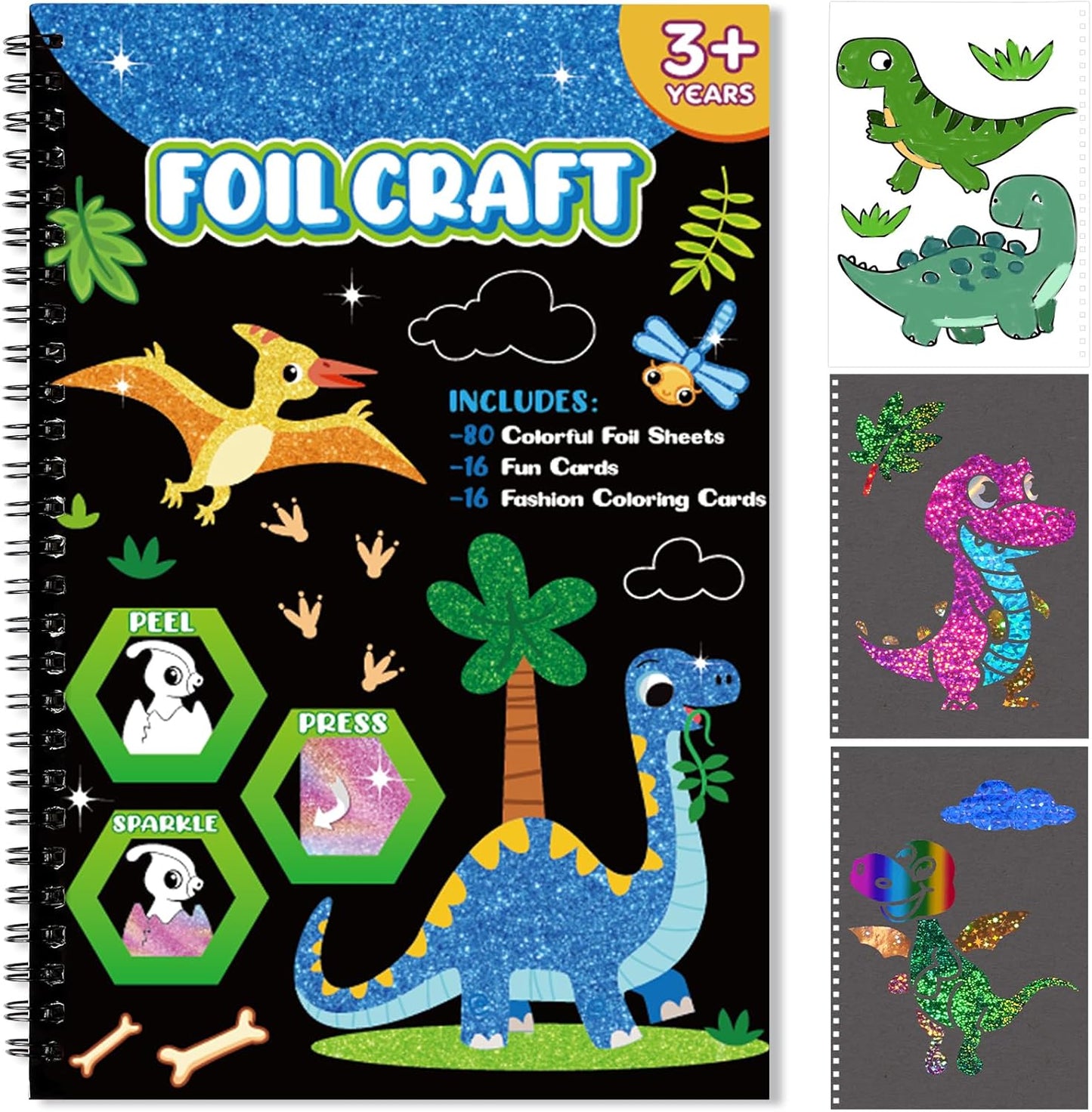 Foil Craft Dinosaur DIY Art Fun Kits, No Mess Creative Foil Art Kits Set Drawing Game for Kids, Birthday Gifts Crafts Supplies Travel Toys for Girls Boys Ages 4-9