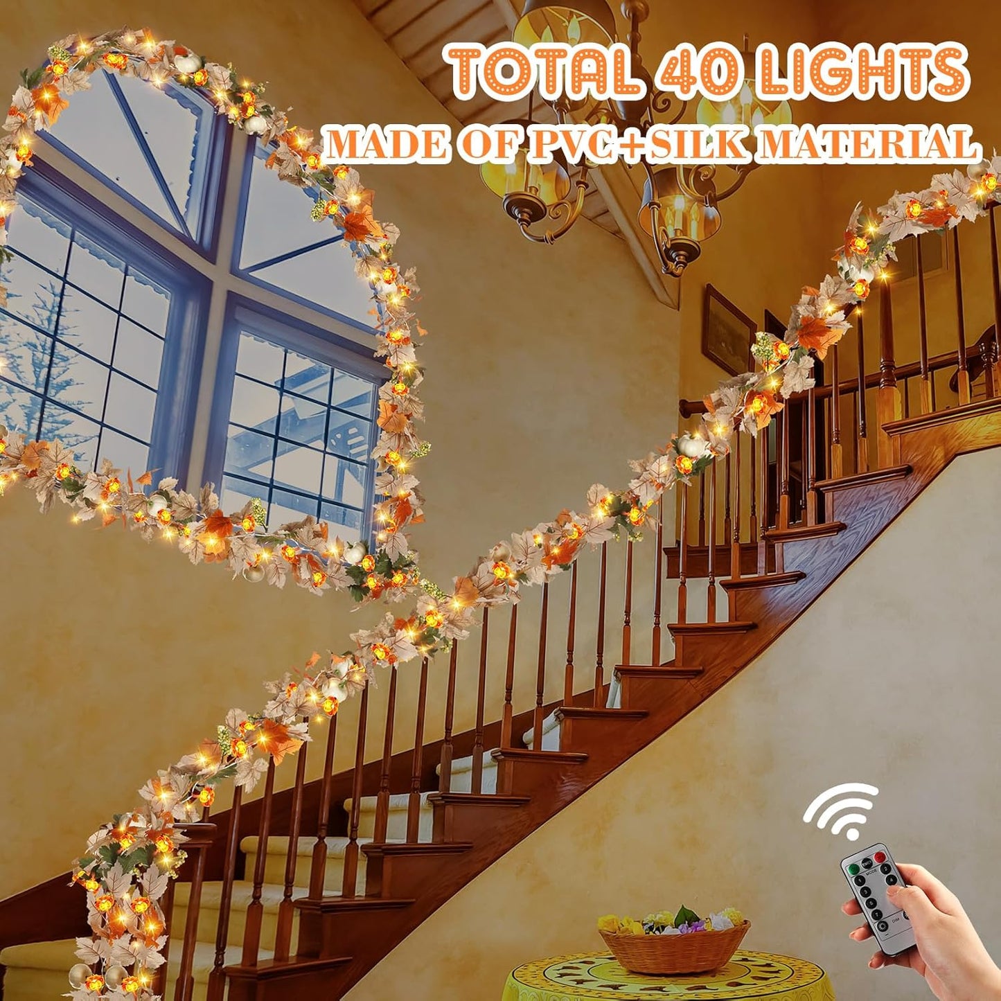 VIHOSE 2 Pack Thanksgiving Maple Leaves Garland Fall Decor 11.5 ft 40 LED with Pumpkin Lights Battery Operated and Timer Remote for Home Thanksgiving Halloween Decor(White)