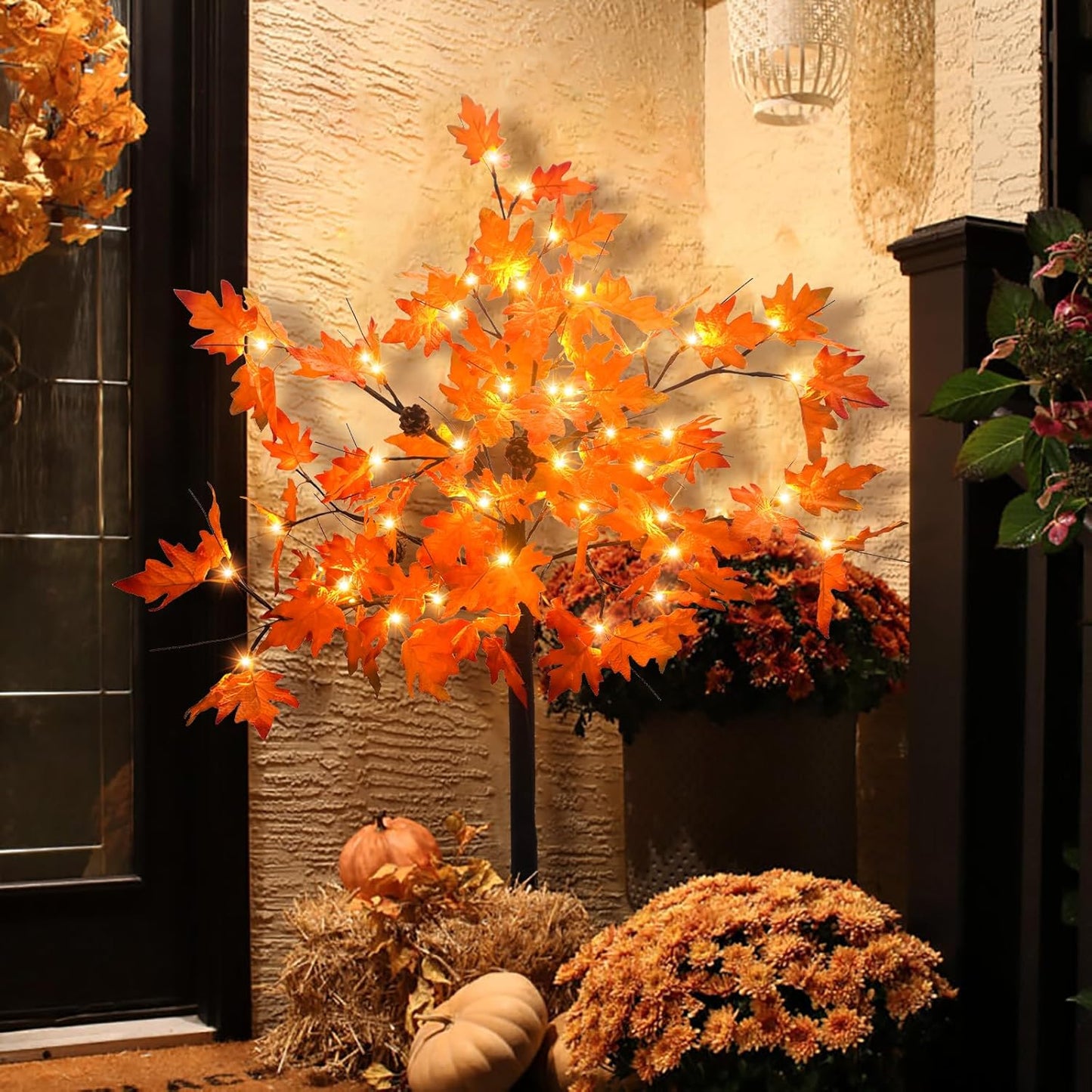 4FT Prelit Maple Tree Artificial Fall Tree with Acorn Pine Cone 56 LED Autumn Lighted Tree for Thanksgiving Harvest Wedding Party Home Indoor Outdoor Decor