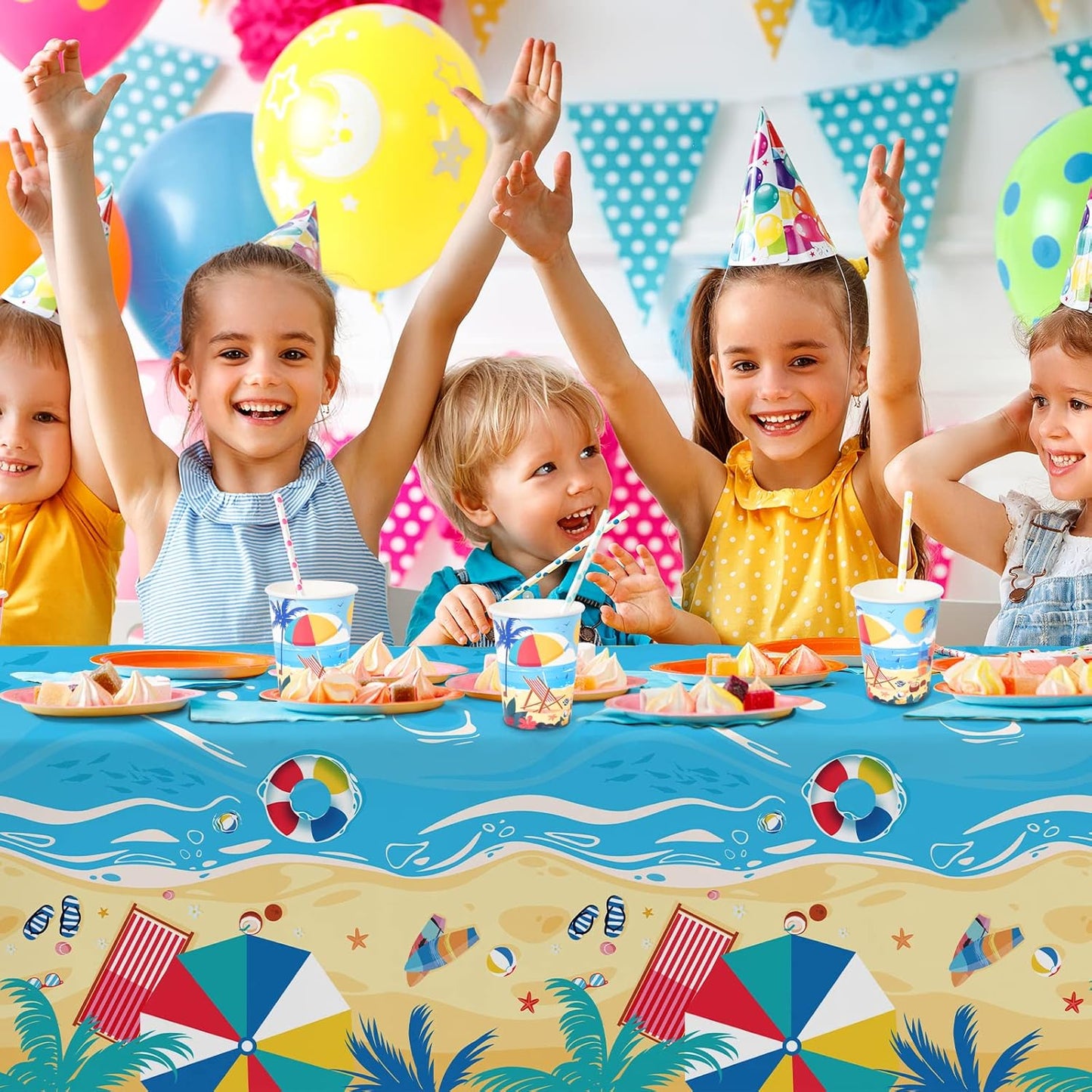 Beach Theme Party Supplies, Summer Pool Pack Includes: Paper Dinner Plates, Dessert Plates, Luncheon Napkins, Cups and Tablecloth for Hawaiian Party Birthday Decorations, Serve 25