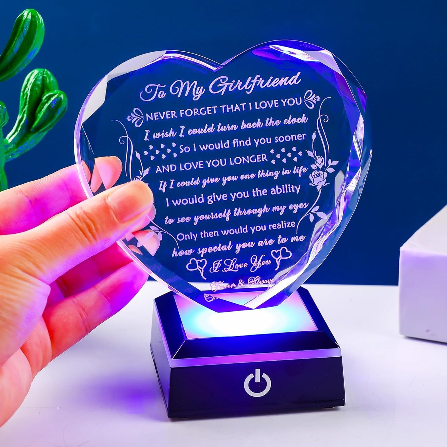 YWHL Gifts for Girlfriend with Colorful LED Base, Anniversary Birthday Gifts for Girlfriend from Boyfriend, Romantic Crystal Heart Keepsake Present for Her on Valentine Christmas