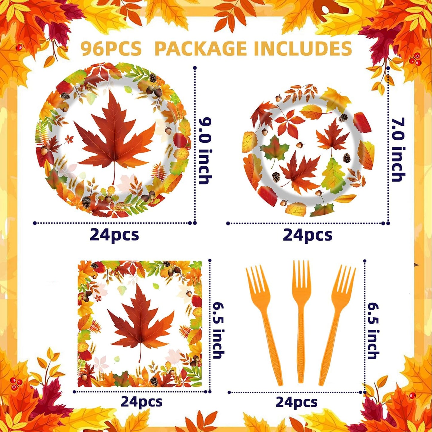 Fall Party Supplies - 96 Pcs Autumn Maple Leaf Disposable Tableware Set with Paper Plates, Napkins, Forks for Thanksgiving Harvest Party Decorations