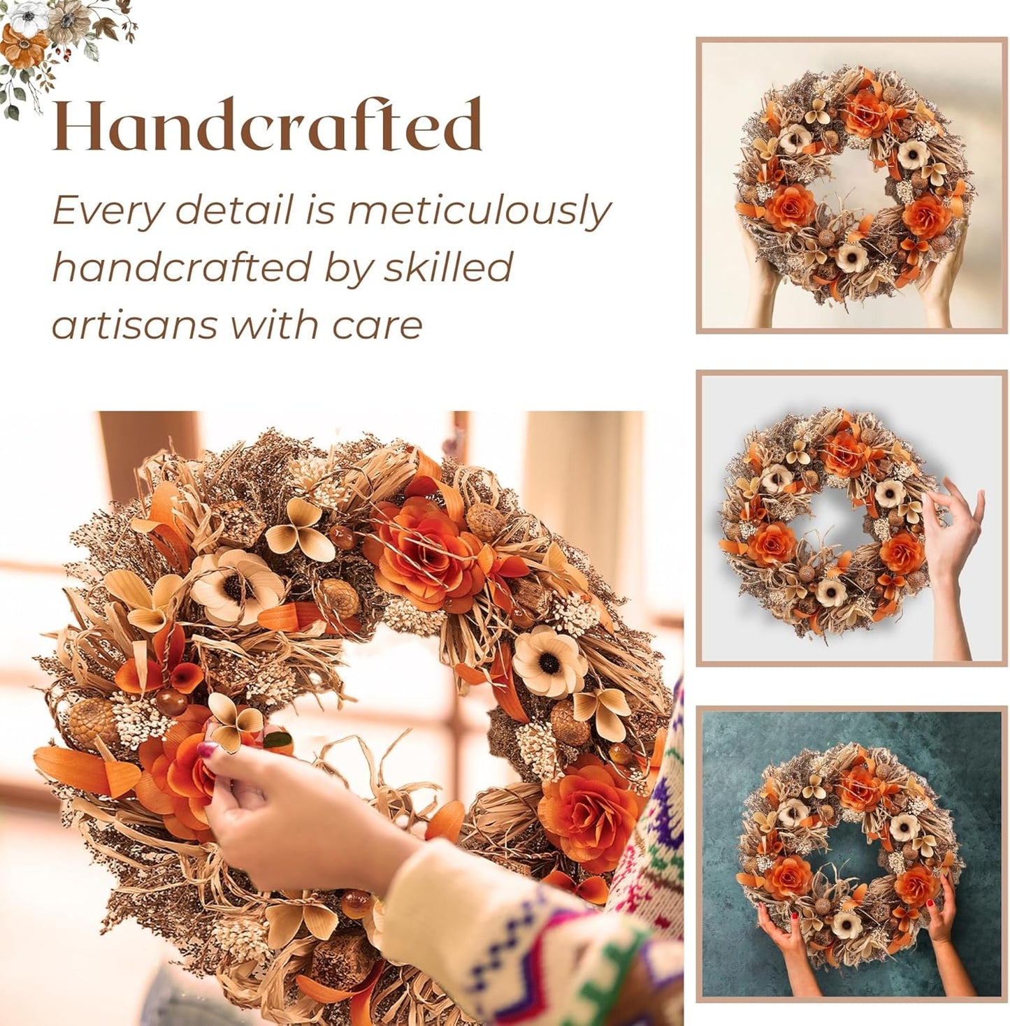 22" Fall Harvest Wood Curl Floral Wreath - Premium Handcraft Fall Wreaths for Front Door | Perfect for Autumn & Thanksgiving Decor