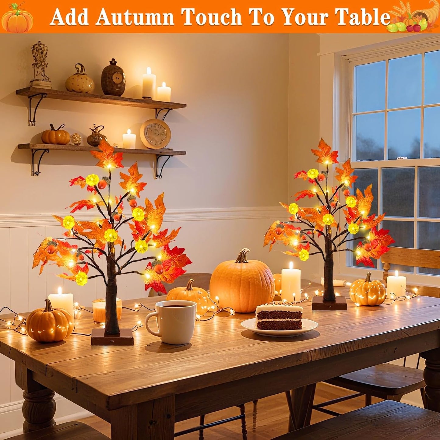 TURNMEON Fall Decor 2 Pack 18 Inch Prelit Fall Maple Tree Thanksgiving Fall Decorations for Home with 48 LEDs Timer Battery Operated Pumpkin Lights 6 Acorn Tabletop Halloween Decorations Indoor Autumn