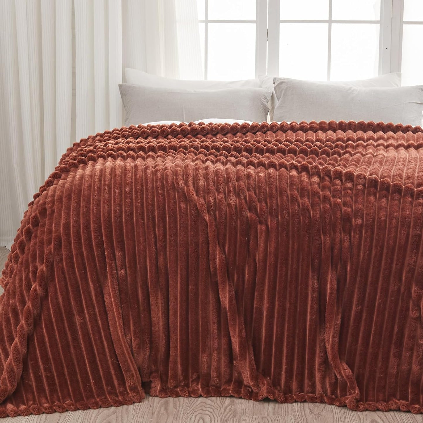 NEWCOSPLAY Super Soft Queen Blanket Coffee Premium Silky Flannel Fleece 3D Ribbed Jacquard Lightweight Bed Blanket All Season Use (Coffee Ribbed, Queen(90"x90"))