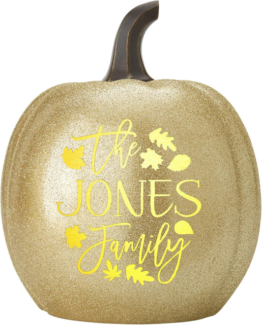 Let's Make Memories Personalized Light Up Pumpkin - Jack-o-Lantern Halloween Décor - Your Family Name on a Custom Pumpkin - Fall Decor - Light Up Indoors/Outdoors - Leaves Pattern - Gold Glitter - L
