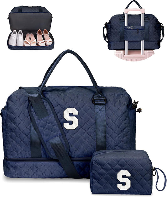 Gifts for Granddaughter-Initial Duffle Bag with Shoe Compartment, Personalized Weekender Bag, Monogram Overnight Bag, Letter Travel Bag with Makeup Bag,Daughter Friend Gifts (Letter S)
