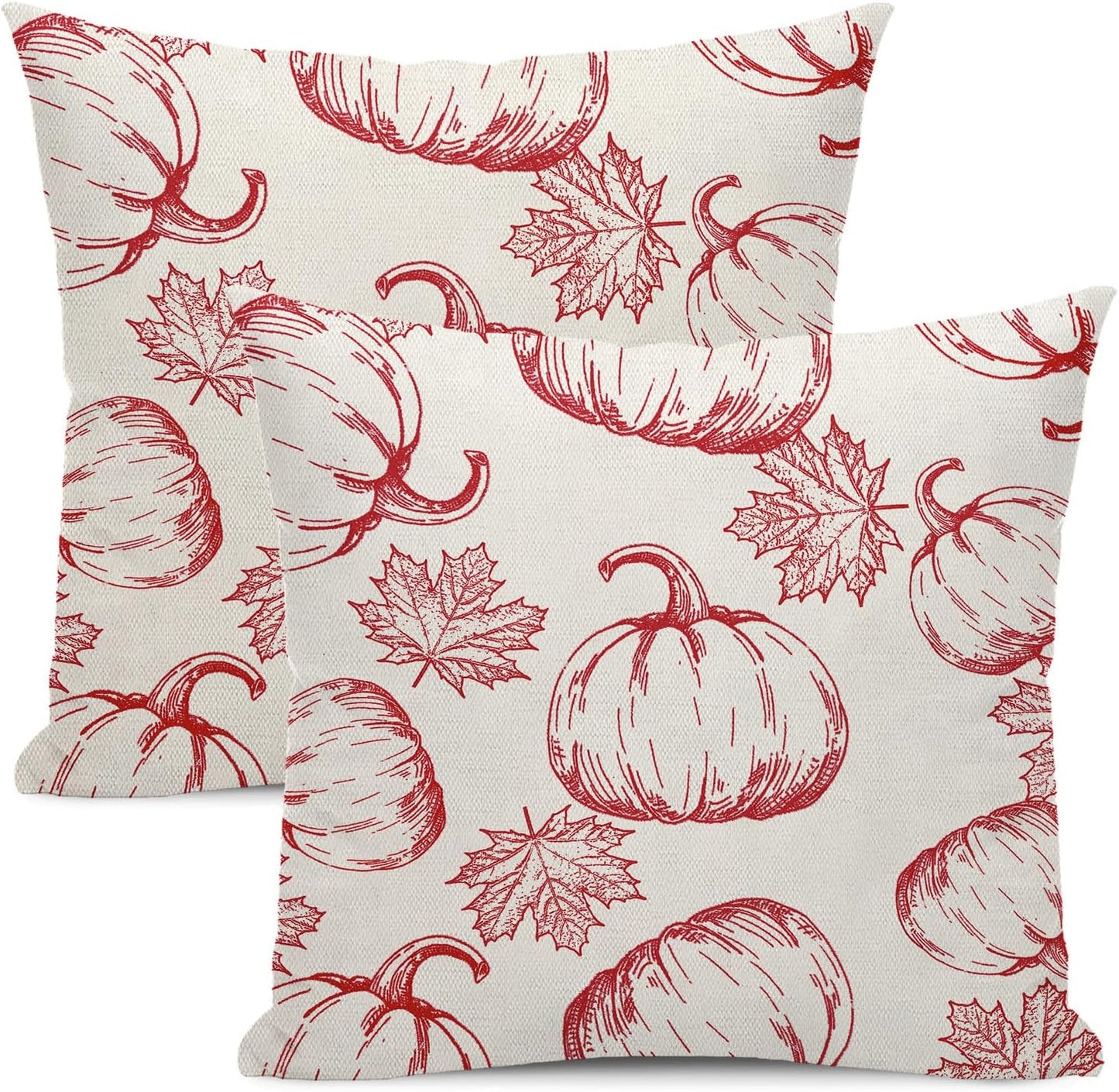 Fall Decor Pillow Covers 18x18 Set of 2 Autumn Red Pumpkin Maple Leaves Decorative Throw Pillow Covers Outdoor Fall Thanksgiving Decorations Farmhouse Linen Cushion Covers for Couch Sofa
