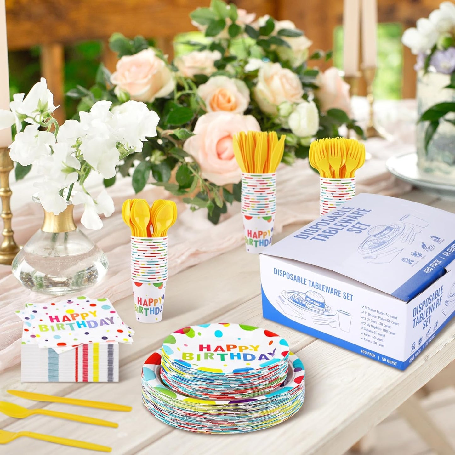 400 Pieces Happy Birthday Party Decorations Including Disposable Paper Plates Cups Napkins Tableware Sets Serves 50 for Birthday Party Supplies