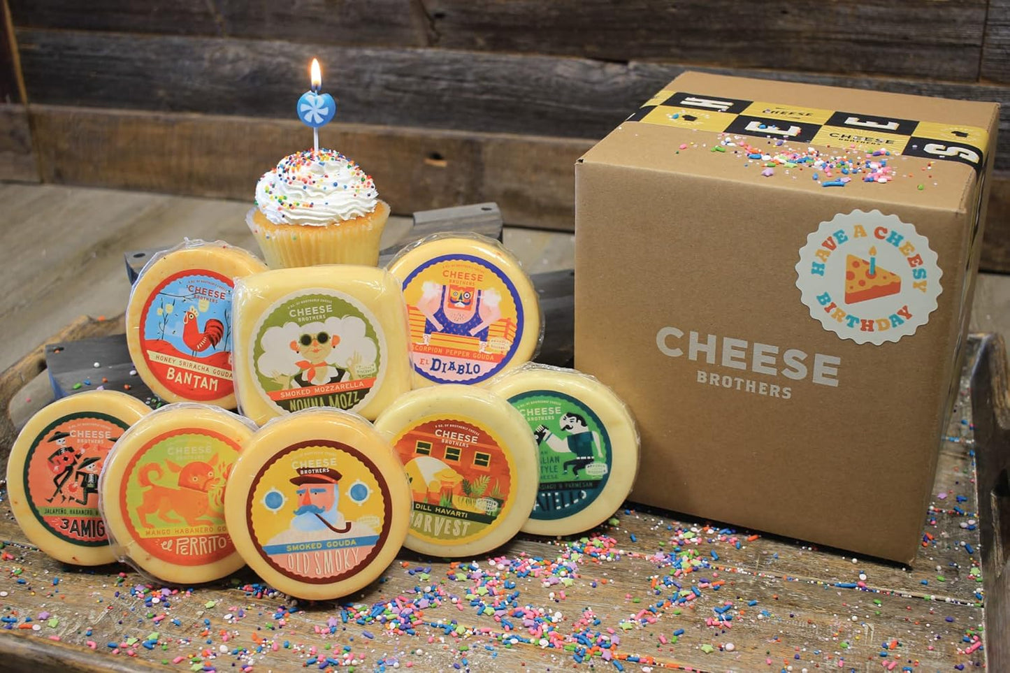 Cheese Bros "Have a Cheesy Birthday" Gift Basket | Fresh from Wisconsin | Includes Smoked Mozzarella, Dill Havarti, Assorted Gouda, Fratello Parmesan blend | Happy Birthday Food Present