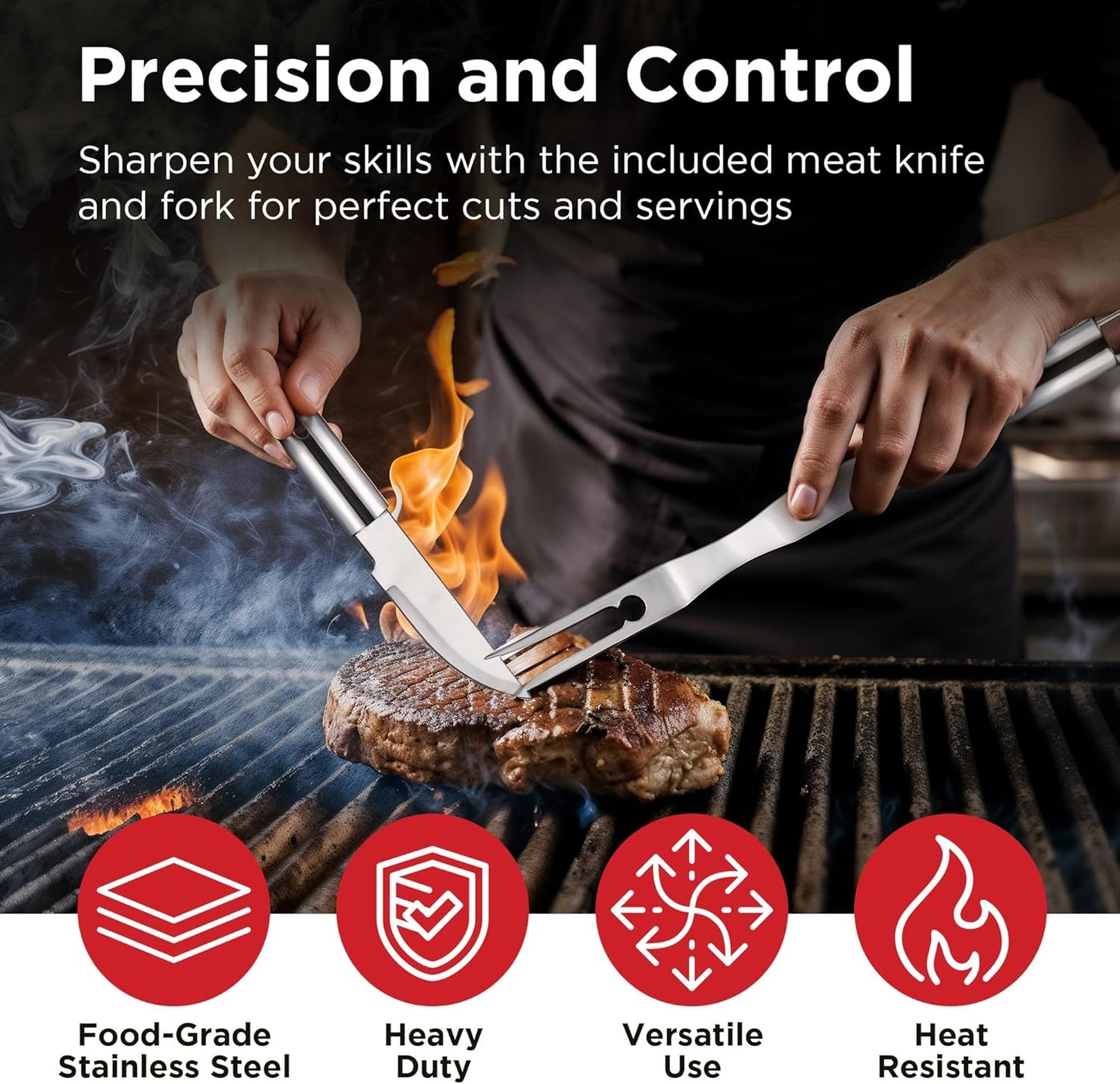 Kaluns Grilling Accessories, Dad Gifts for Christmas Grilling Gifts, Heavy Duty Stainless Steel Grill Set BBQ Grill Accessories for Outdoor Grill with Meat Thermometer, Case and Apron