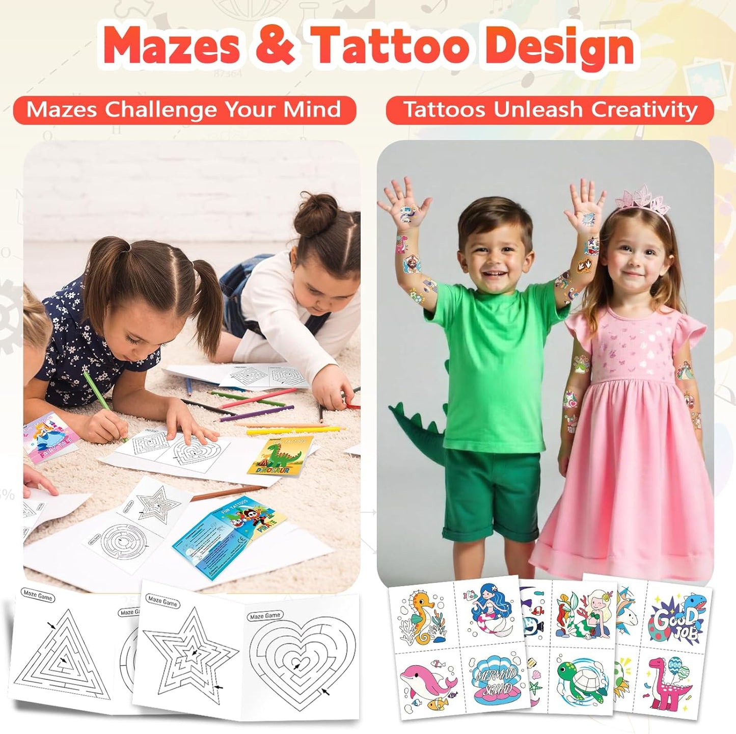 288 PCS Glow Temporary Tattoos for Kids, 12 Pack Party Favors with Luminous Tattoos & 24 Maze Games, Mixed Tattoo Styles for Boys and Girls, Kids Birthday Goodie Bag Stuffers
