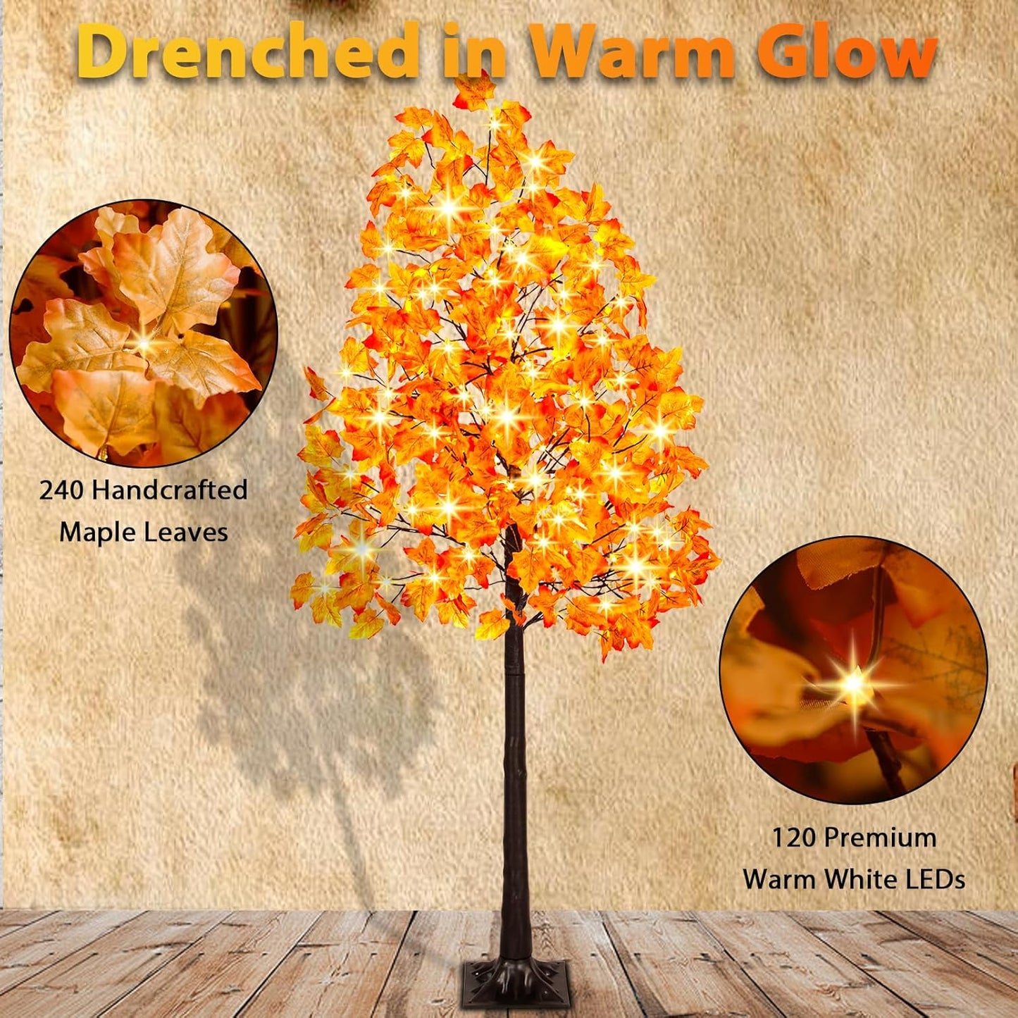 6FT Artificial Lighted Maple Tree, 120LED Fall Tree with Warm White Lights and Maple Leaves for Halloween, Thanksgiving, Autumn Harvest Outdoor Indoor Home Decor, Orange