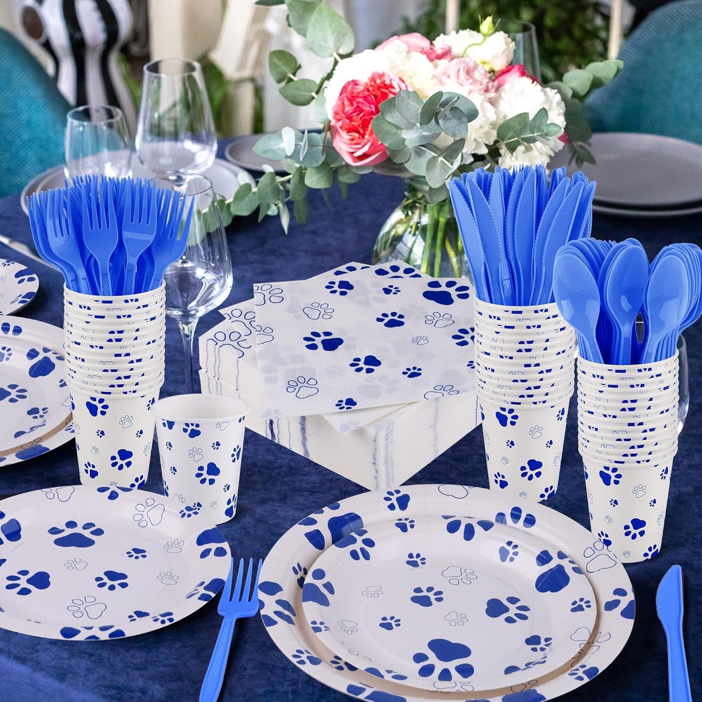 400 Pieces Blue Paw Disposable Party Tableware Sets Dog Puppy Supplies Including Plates Cups Napkins Cutlery Serves 50 for Birthday Puppy Theme Party Decorations