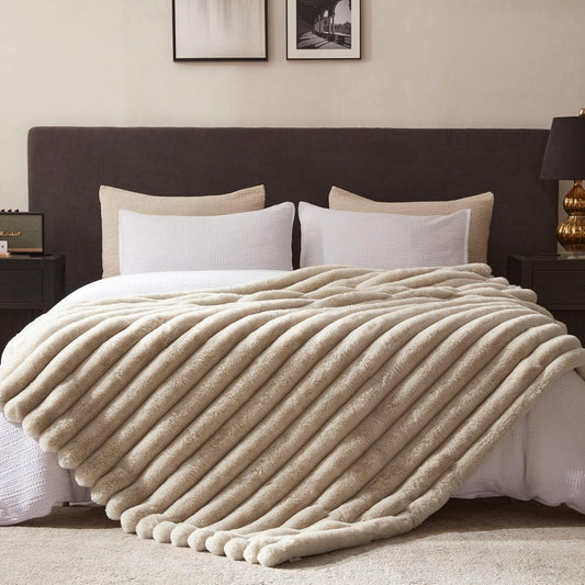 WDCOZY Faux Fur Throw Blanket Striped Super Soft Cozy Fluffy Luxurious Blankets Couch Bed Sofa Chair Home Decor Warm Furry Fall Winter Plush Lightweight Rabbit Fur Bubble Blanket 50" x 60", Beige