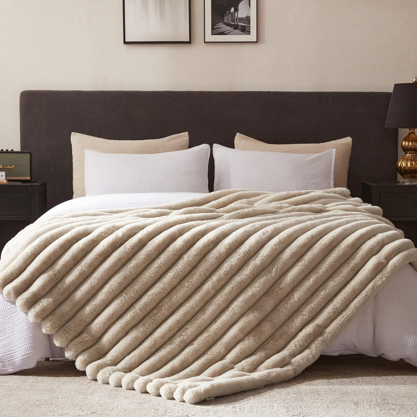 WDCOZY Faux Fur Throw Blanket Striped Super Soft Cozy Fluffy Luxurious Blankets Couch Bed Sofa Chair Home Decor Warm Furry Fall Winter Plush Lightweight Rabbit Fur Bubble Blanket 60" x 80", Beige