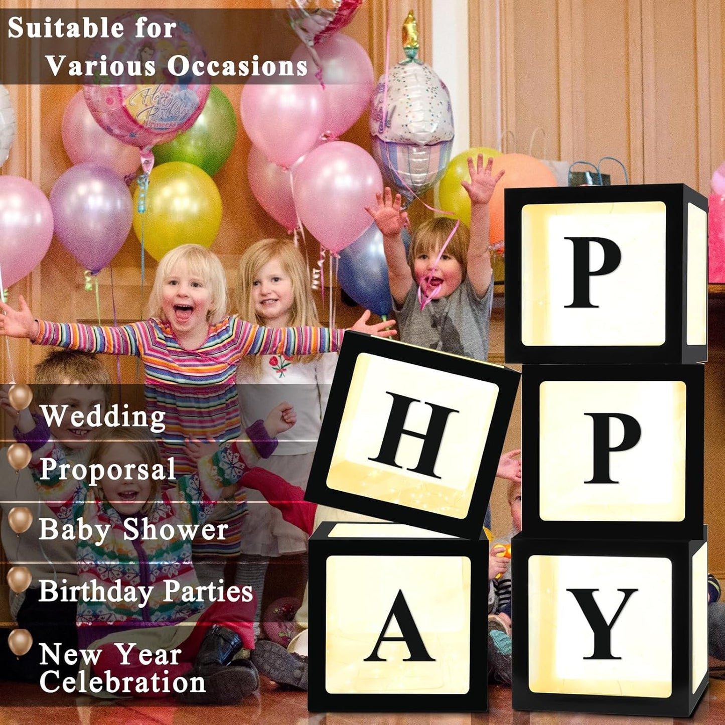 Ledido Transparent Balloon Boxes, Clear Balloon Boxes with 5 Pcs String Lights and 78 Letters for Baby Shower Gender Reveal Grad Birthday Party Anniversary Bridal Wedding Decor - 5 Black Boxes