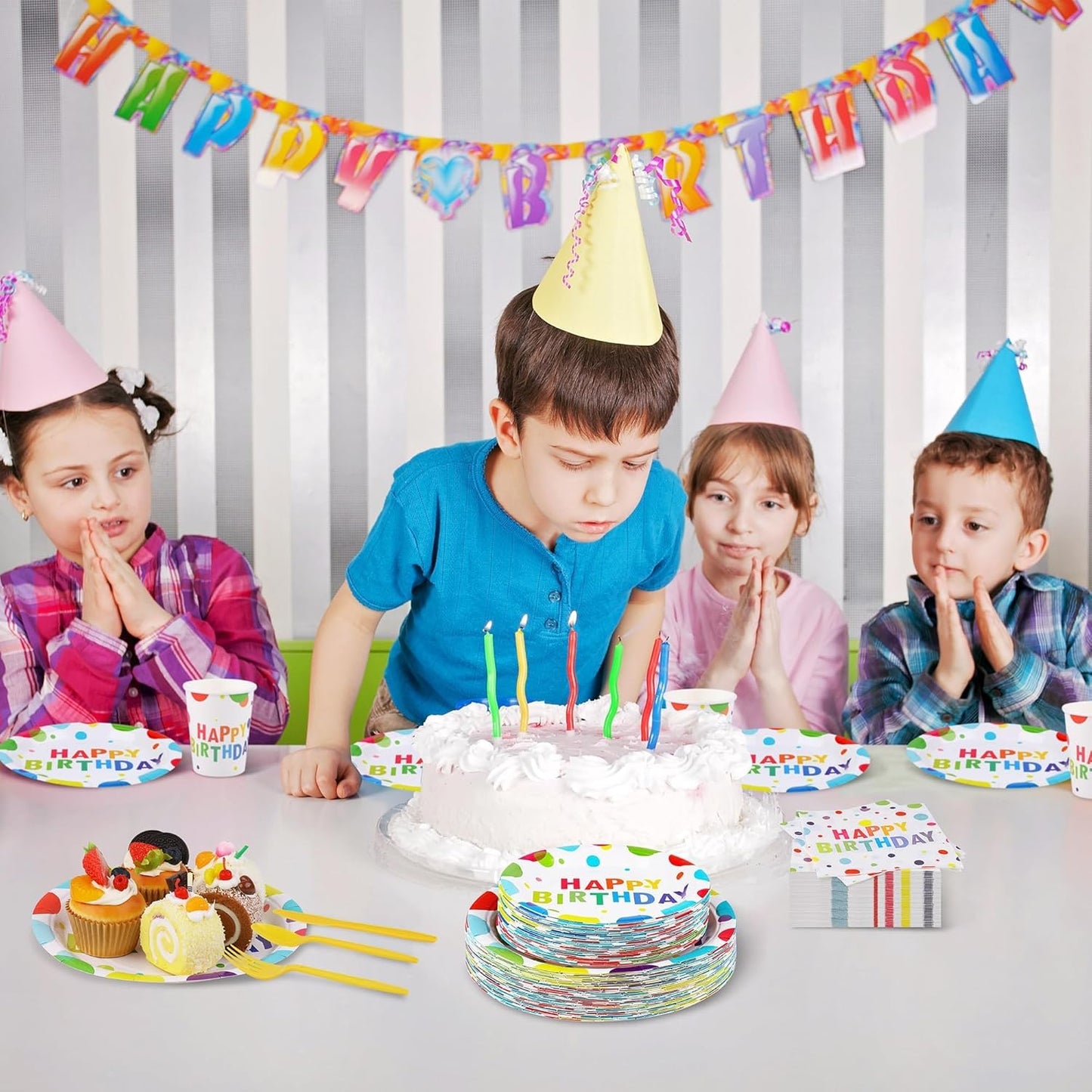 400 Pieces Happy Birthday Party Decorations Including Disposable Paper Plates Cups Napkins Tableware Sets Serves 50 for Birthday Party Supplies