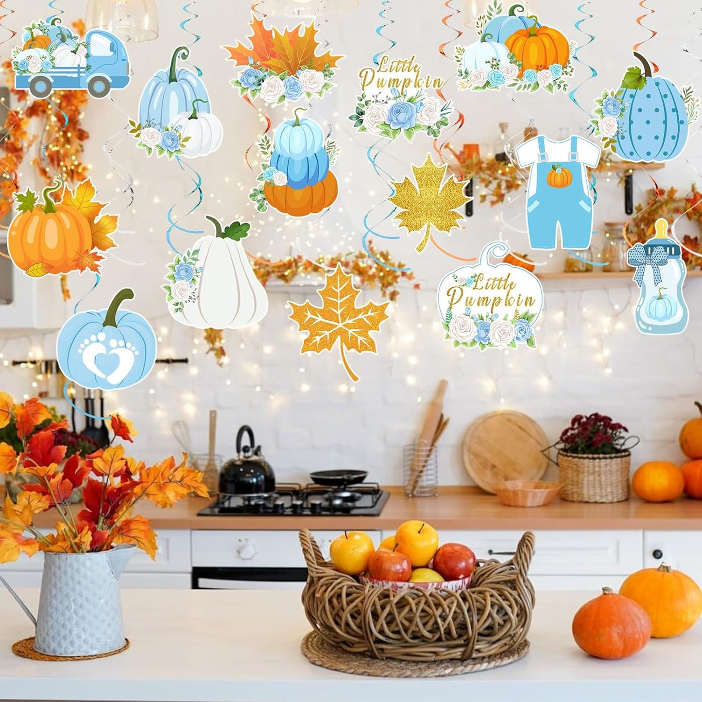36pcs Thanksgiving Little Pumpkin Party Hanging Swirls Decor,Blue Boy Little Pumpkin Thanksgiving Hanging Swirls, Fall Themed Maple Leaf Pumpkin Truck Ceiling Swirl for Boy Birthday Party Decorations