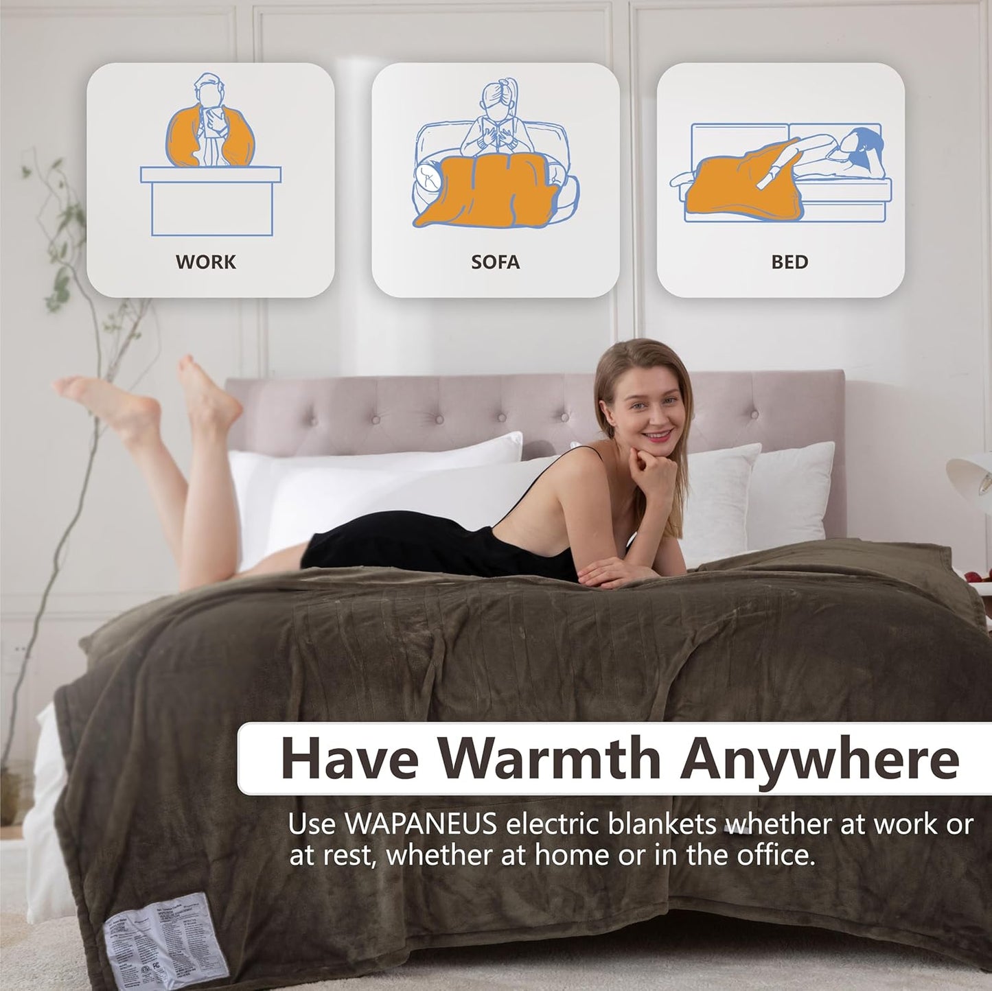 Wapaneus Heated Blanket Electric Queen Size 84"x90"-Dual Control with 10 Heat Levels 12 Timer Settings and 8 Hours Auto-Shut Off,Fast-Heating Electric Blanket,ETL Listed Machine Washable,Dark Brown