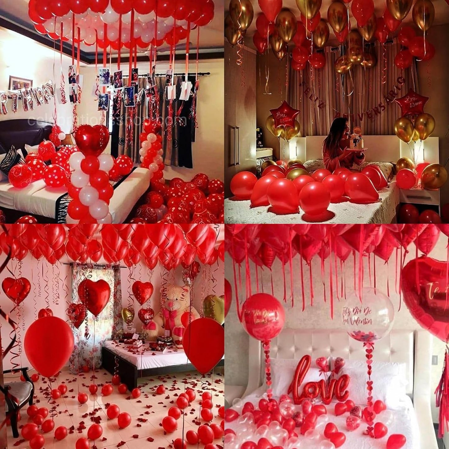 Anniversary Decorations, Happy Anniversary Banner, Hanging String Hearts, Red and Gold Balloons, Love Balloon, Red Silk Rose Petals for Wedding Bridal Shower Bachelorette Party Decorations
