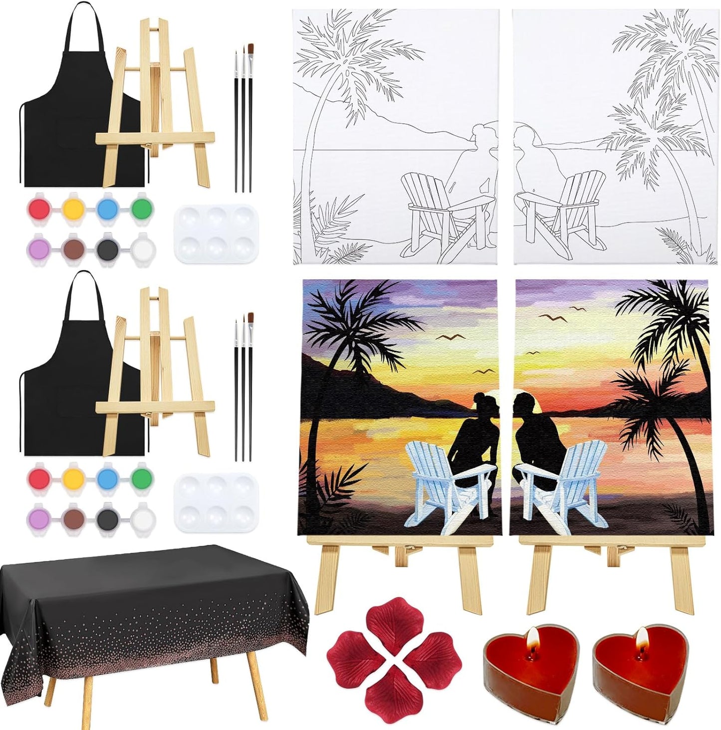 Nuberlic Date Night Painting Kit for Couples Sip and Paint Kit for Adults Couples Pre Drawn Canvas to Paint for Adults Valentines Sunset Love Theme 2 Pack 8" X 10"