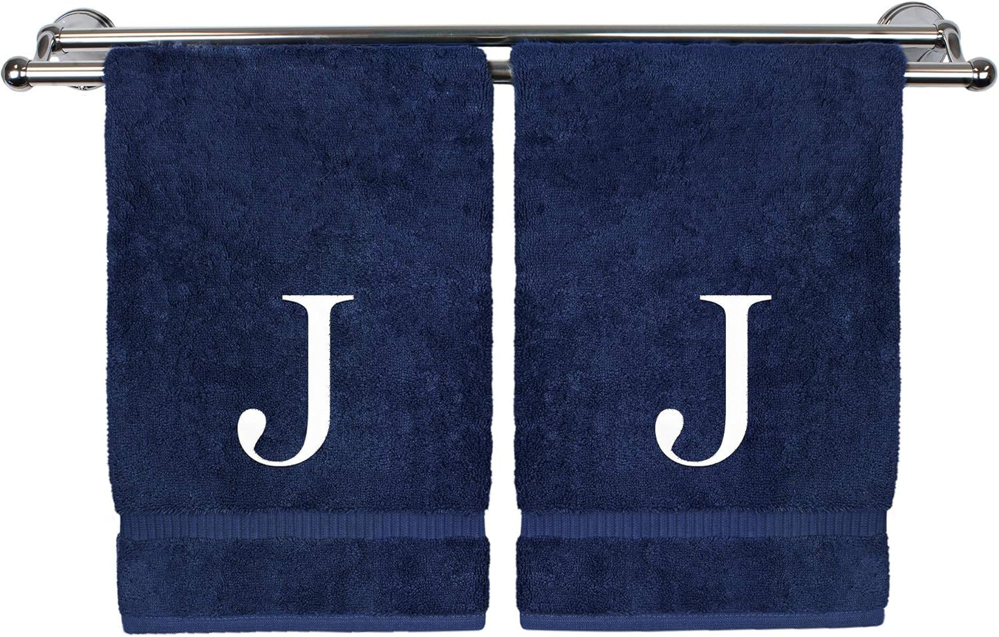 Monogrammed Hand Towel, Personalized Gift, Set of 2- White Block Letter Embroidered Towel - Extra Absorbent 100% Turkish Cotton - Soft Terry Finish - Initial J Navy
