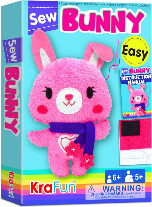 KRAFUN Sewing Kit for Kids Beginner My First Art & Craft, Includes Bunny Doll Stuffed Animal, Instructions & Plush Felt Materials for Learn to Sew, Embroidery, Age 7 8 9 10 11 12