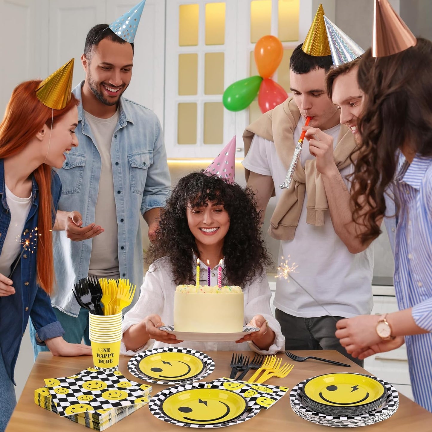 144 Pieces One Happy Dude Party Tableware Sets including Disposable Plates Napkins Cups Forks Serves 24 for Smiley Face 1st Birthday Preppy Party Decorations