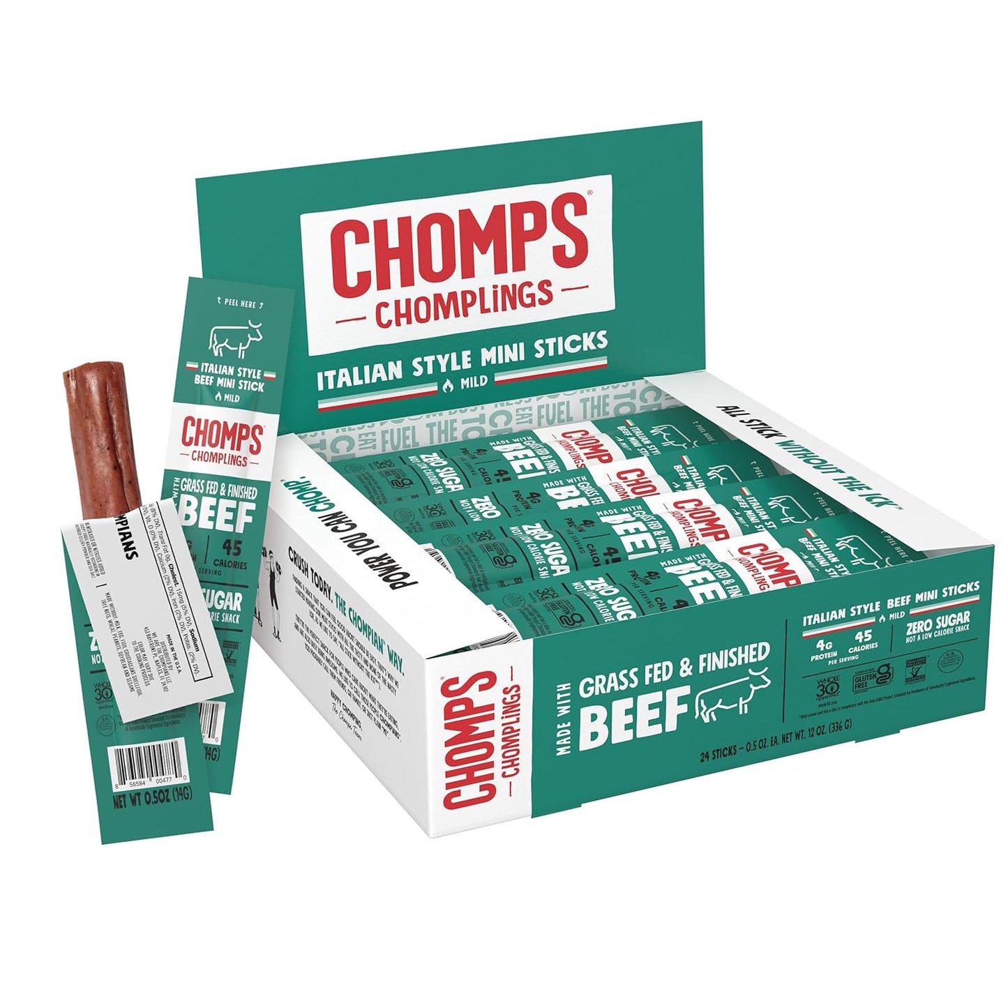 Chomps Snack Size Grass-Fed Italian Beef Jerky Snack Sticks 0.5oz 24-Pack - Keto, Paleo, Whole30, 4g Lean Meat Protein, Gluten-Free, Zero Sugar Food, Non-GMO Chomplings