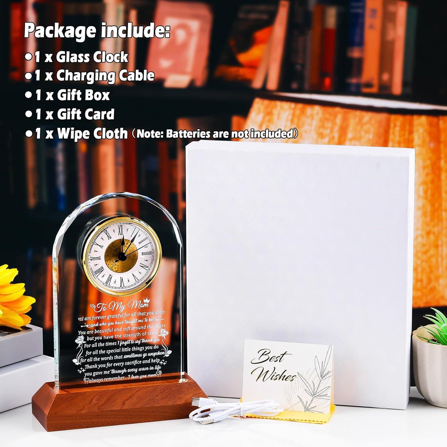 Glass Clock Gifts for Mom from Daughter Son with Wooden Light Base, Personalized Gift for Mom Who Has Everything on Birthday Mother's Day, Present for Mother on Christmas Home Desk Clock