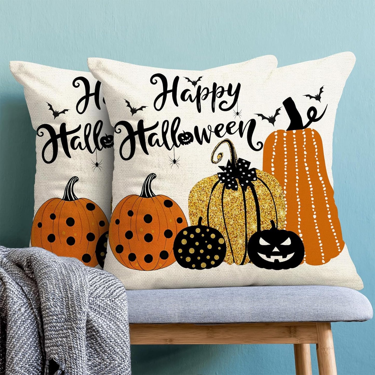 Halloween Pillow Covers 18x18 inches Set of 2 Orange Black Pumpkin Decorative Farmhouse Throw Pillow Covers Outdoor Autumn Halloween Decoration Pillowcase Farmhouse Cushion Case for Couch Sofa