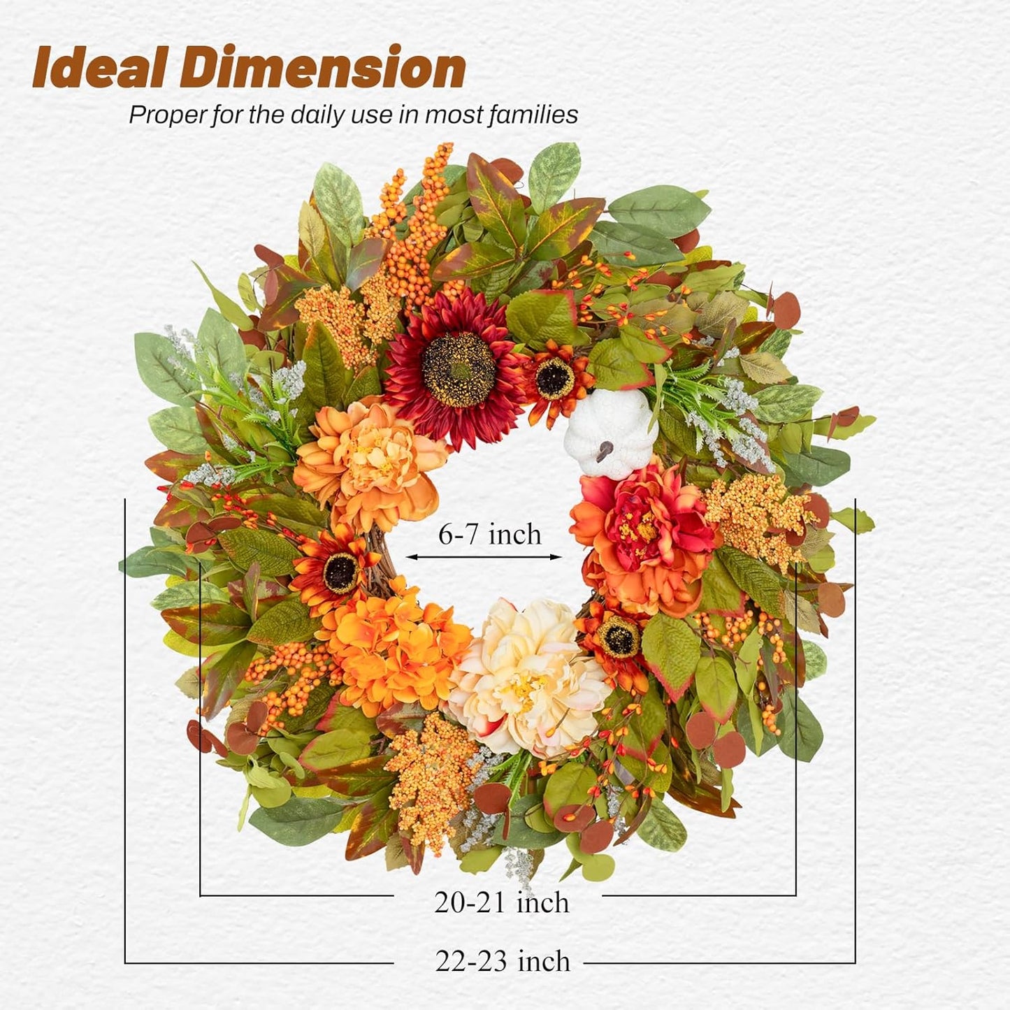 Fall Wreaths for Front Door Outside 23 Inch Fall Wreath with Peonies, Sunflowers & Pumpkins – Outdoor Autumn Wreath for Thanksgiving Halloween & Harvest Decor