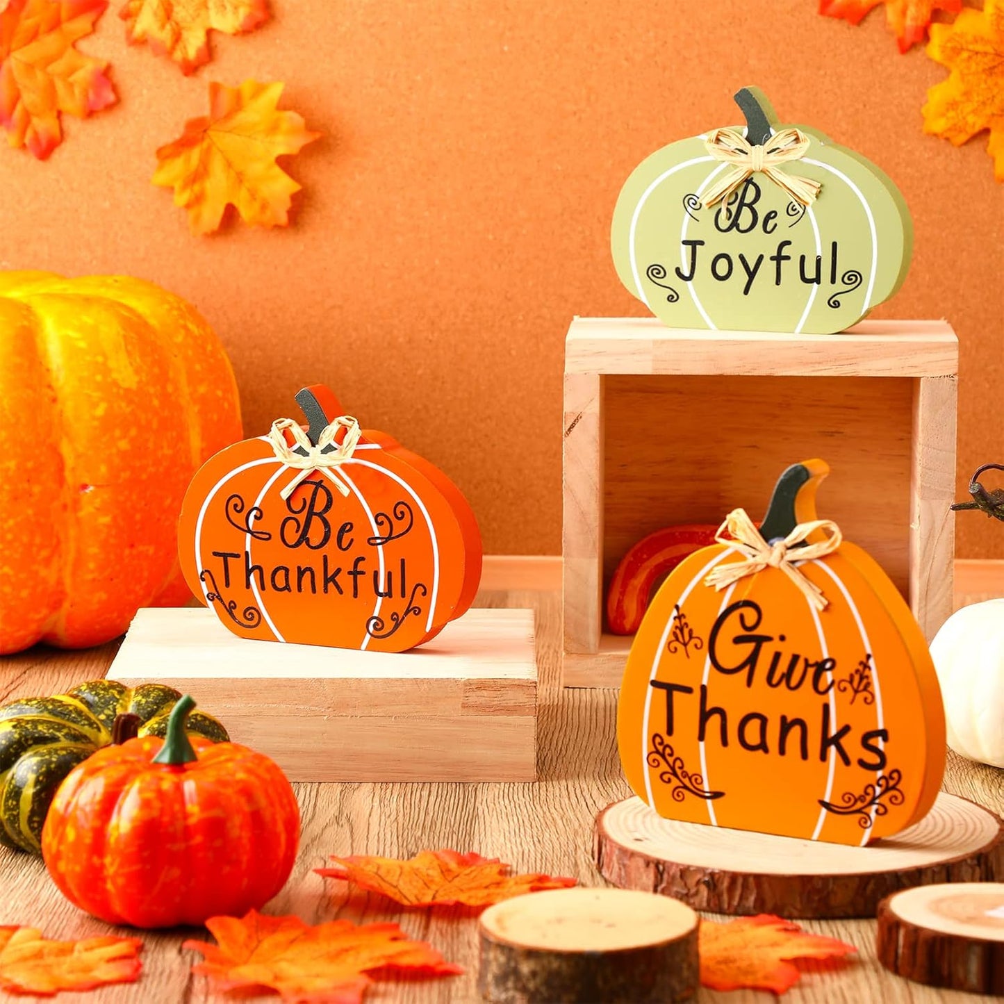 Gerrii 3 Pcs Fall Wooden Pumpkin Sign Fall Thankful Joyful Thanks Pumpkin Tiered Tray Decor Table Signs Harvest Thanksgiving Wood Block Sign for Home Party Halloween Decorations(Orange, Green, Yellow)