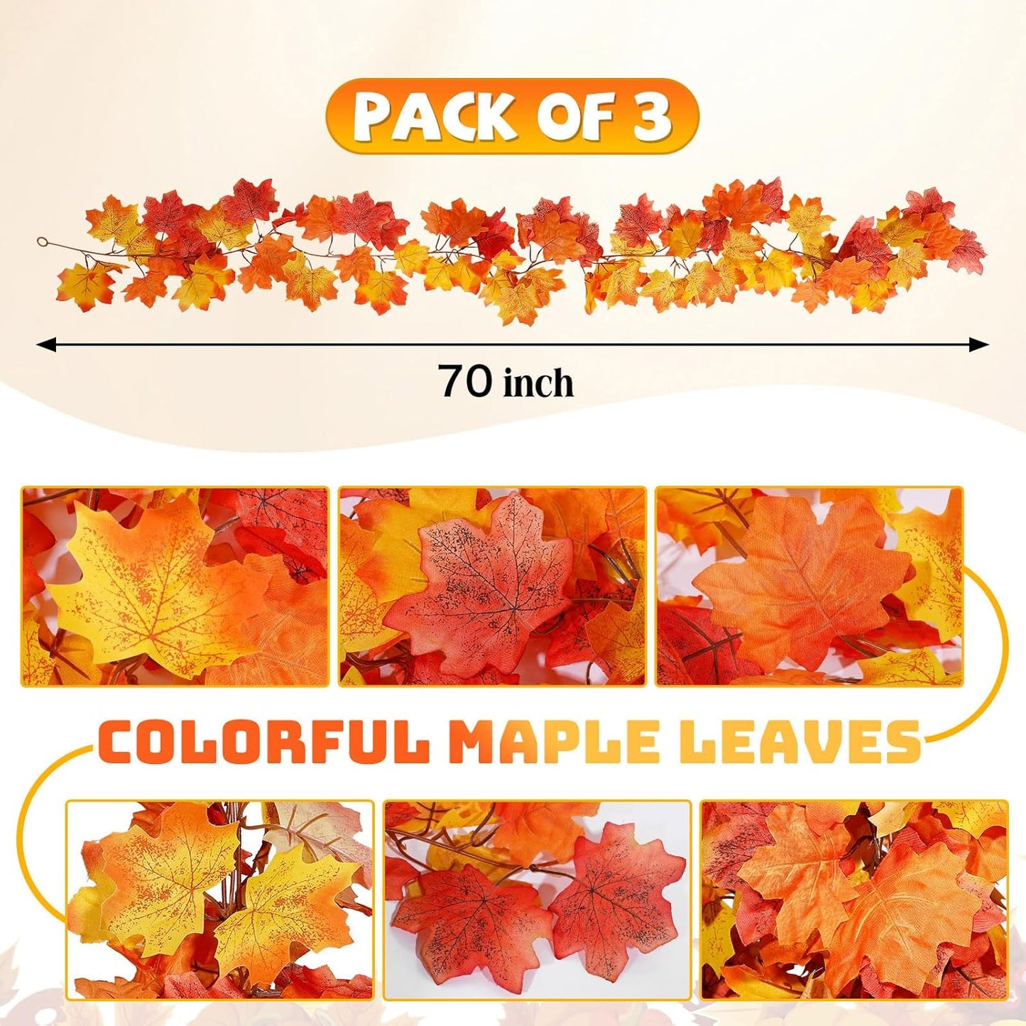 3 Pack Fall Maple Garland 6Ft Artificial Maple Leaf Leaves Autumn Garland Hanging Fall for Table Front Door Thanksgiving Decor (3)
