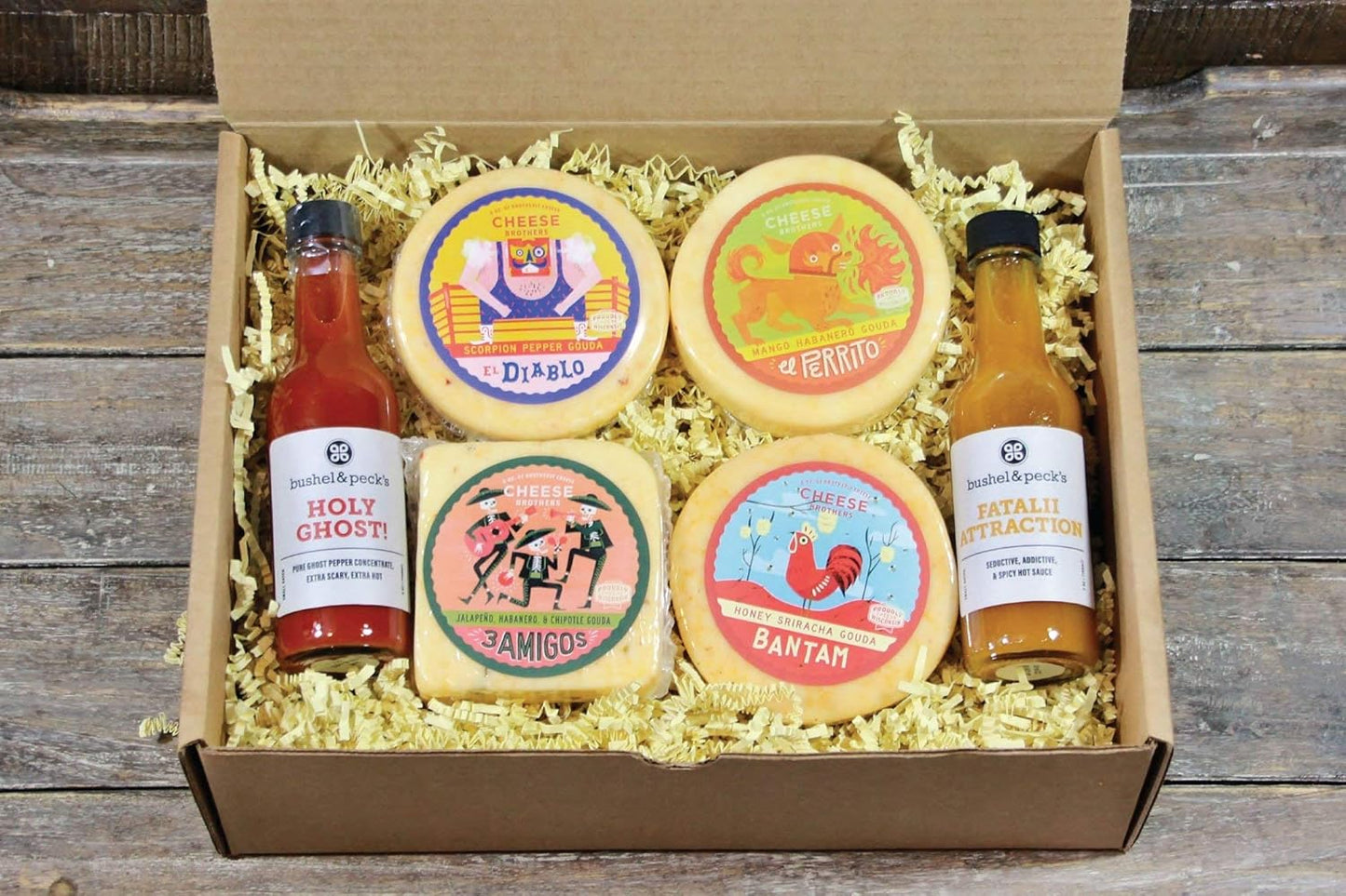 Cheese Bros. Deluxe Hot & Spicy Gift Box | Fresh from Wisconsin | Gouda varieties including Scorpion Pepper, Honey Sriracha, Mango Habanero, 3 Amigos Pepper and 2 bottles of Hot Sauce | Food Gifting