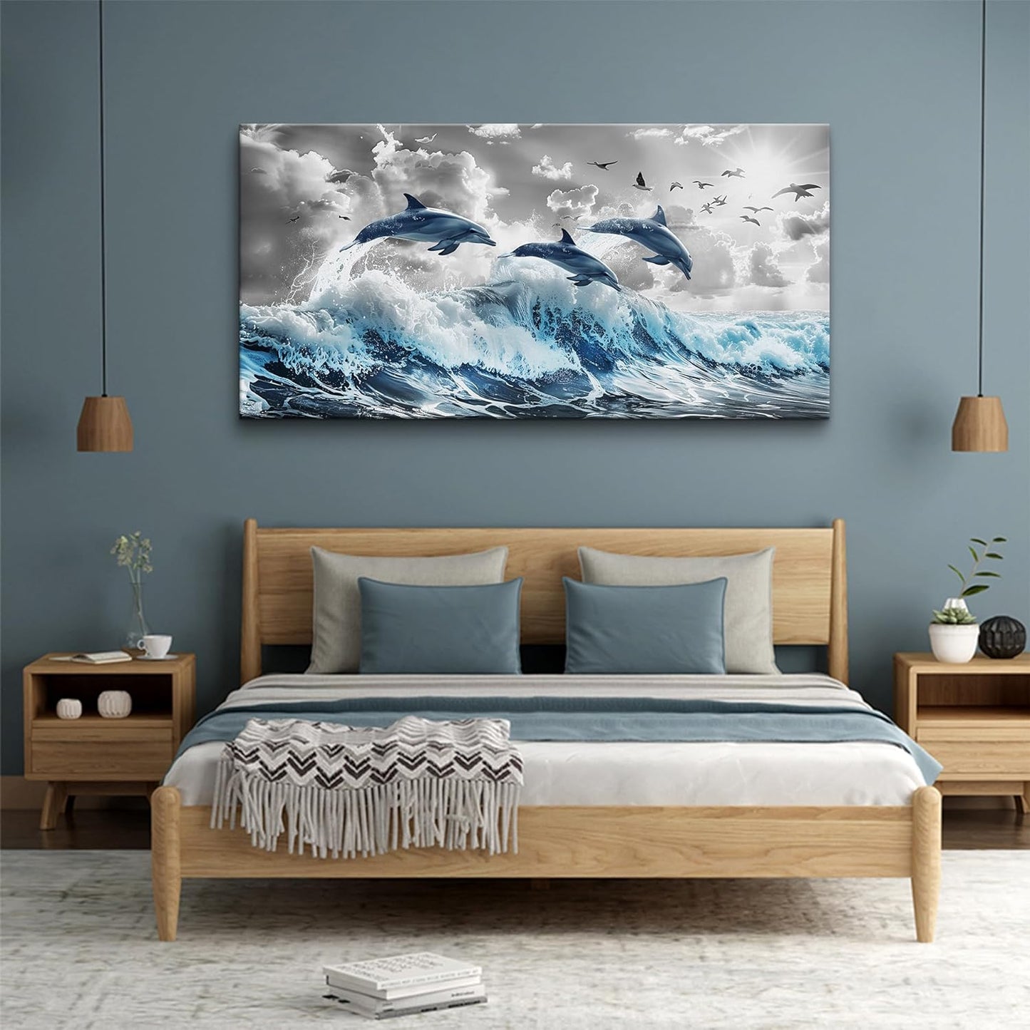 Wapluam Framed Canvas Wall Decoration For Living Room Large Wall Art For Bedroom Blue Waves Of The Sea Wall Pictures Artwork Fashion Office Canvas Art Prints Dolphins Seascape Paintings Home Decor