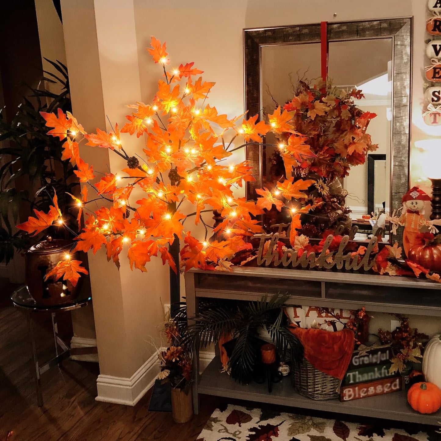 4FT Prelit Maple Tree Artificial Fall Tree with Acorn Pine Cone 56 LED Autumn Lighted Tree for Thanksgiving Harvest Wedding Party Home Indoor Outdoor Decor