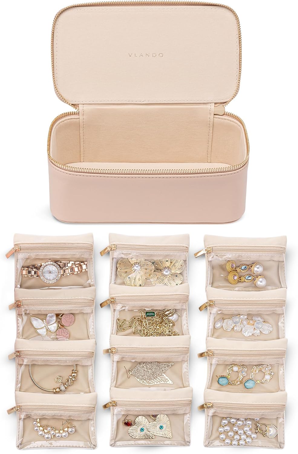 Vlando Jewelry Box with 12 Velvet Jewelry Bags Travel Jewelry Case for Girls Jewelry Organizers Necklace Rings Earrings Storage Bags Christmas Gifts Bridal Shower Gifts- Khaki