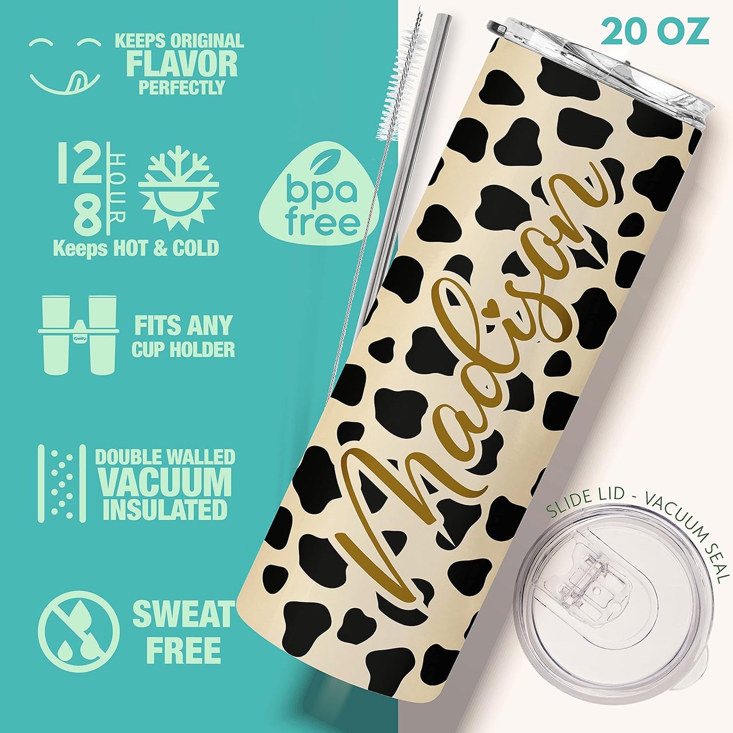 Set of 4, Personalized Skinny Tumbler with Lid & Straw, 20 Oz with Custom Text, 21 Color Styles, 10 Fonts - Best Friend Birthday Gifts for Women, Summer Gifts for Women