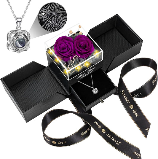 2 Preserved Real Rose with Heart I Love You Necklace- Eternal Rose Birthday Gifts for Women Wife Girlfriend Her Mom Grandma on Festivals Gifts Christmas Valentines Mothers Day Anniversary-Purple Roses