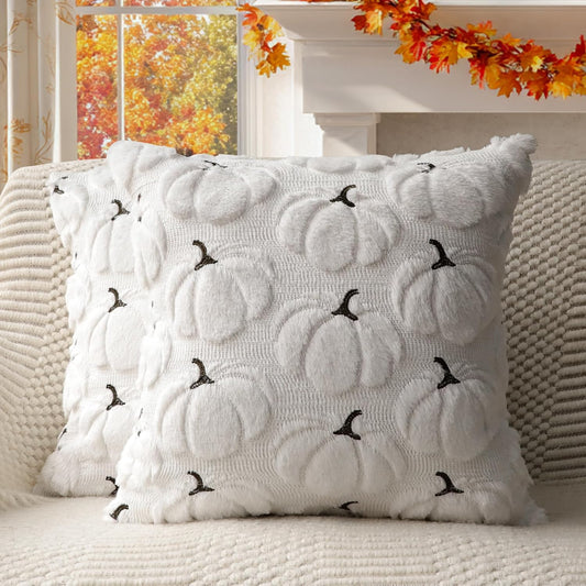 4TH Emotion Fall Pumpkins Decorative Pillow Covers 16x16 Set of 2, White Soft Plush Faux Fur Wool Farmhouse Throw Cushion Cases for Autumn Thanksgiving Holiday Home Decorations